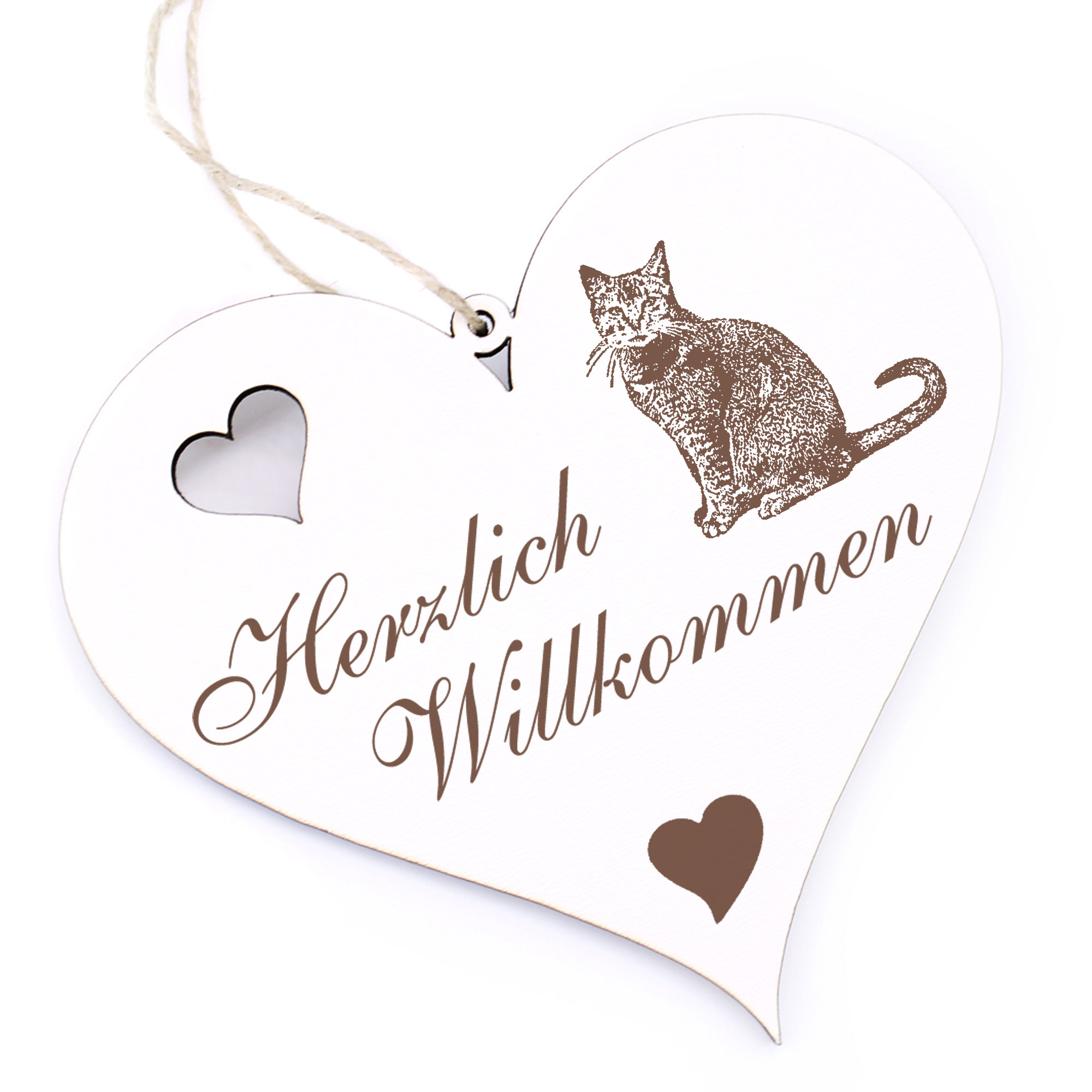 Herzlich Willkommen Schild - Hauskatze - Deko Herz Holz