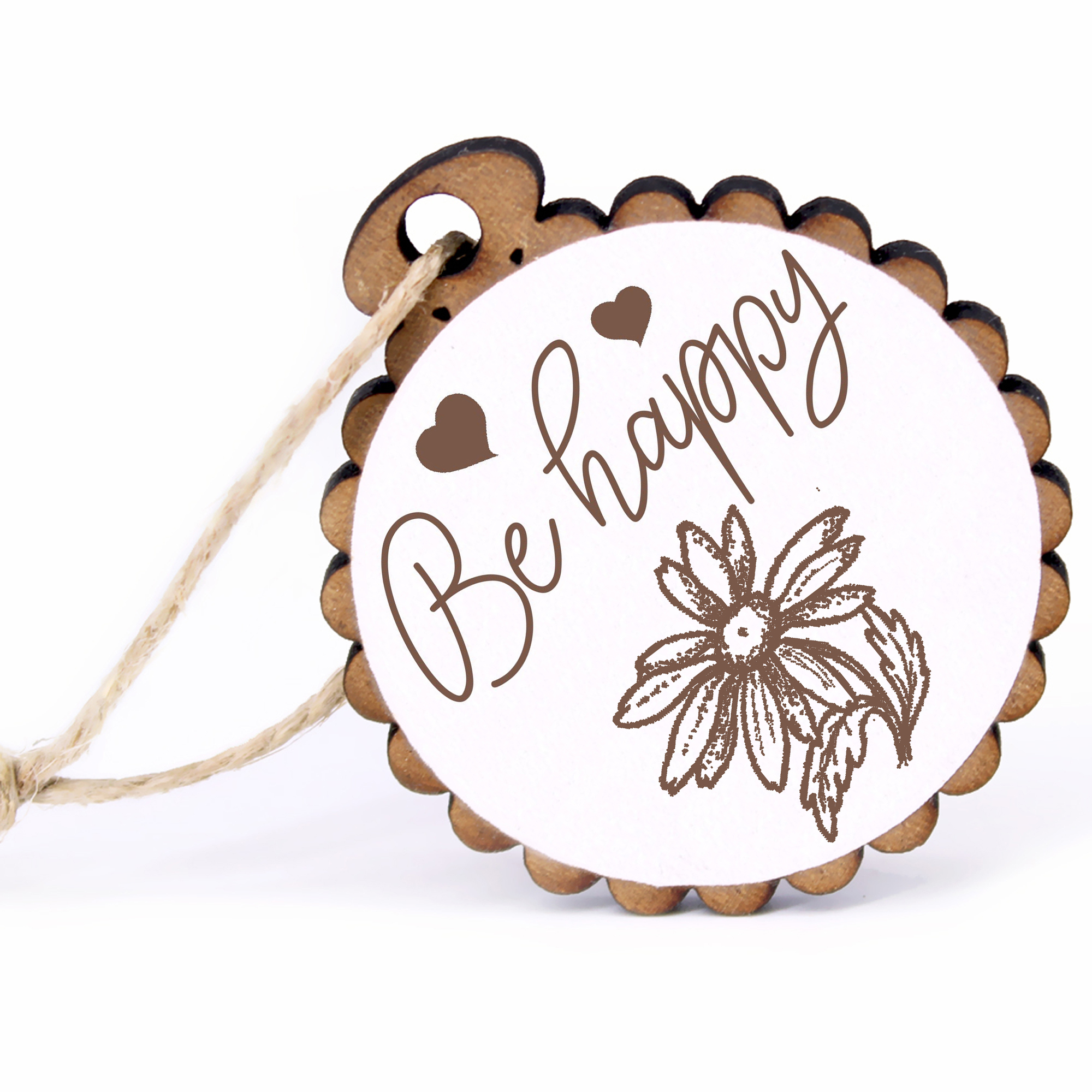 Geschenkanhänger - Be Happy Margerite -  Holz Ø-5cm - mit Juteband