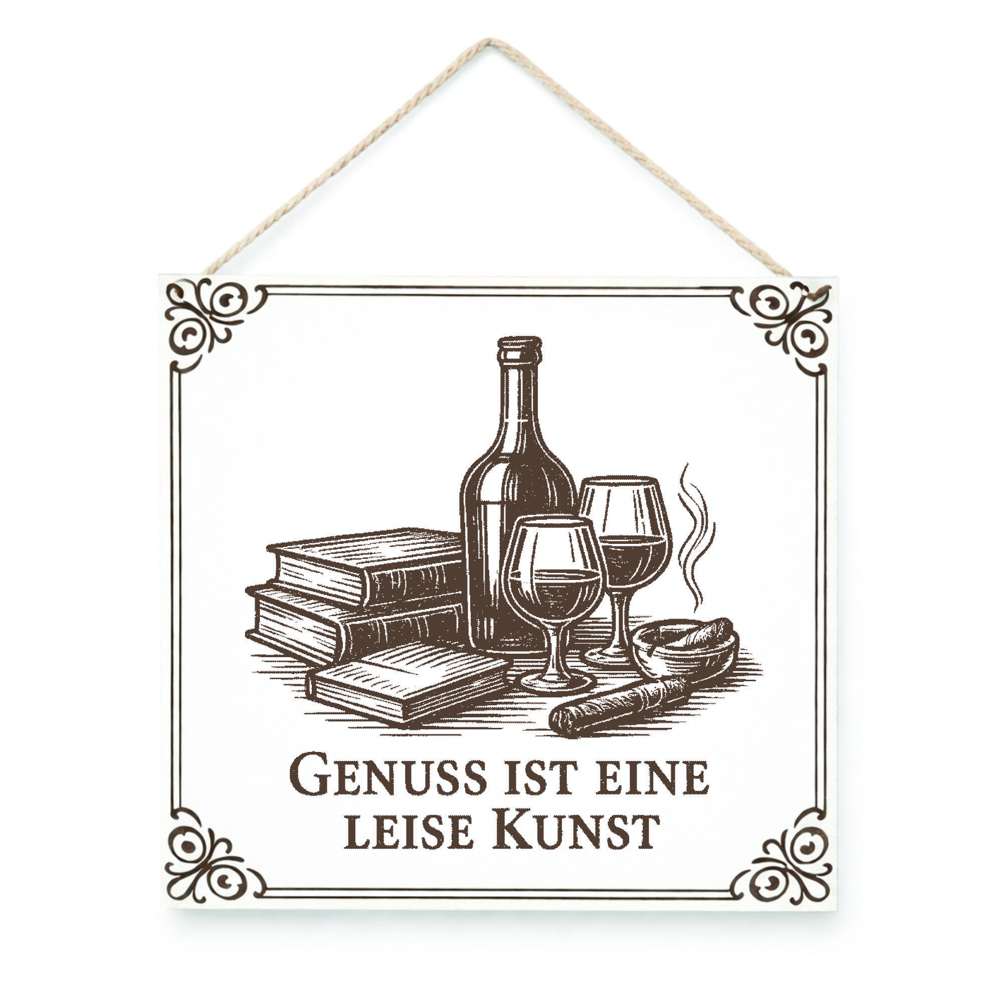 Vintage Holzschild 15x15 cm „Genuss ist eine leise Kunst“ Whisky Bücher Zigarre Bar Deko