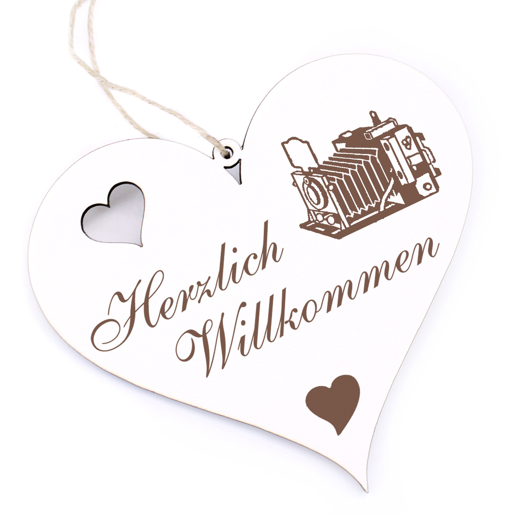 Herzlich Willkommen Schild - alte Kamera - Deko Herz Holz