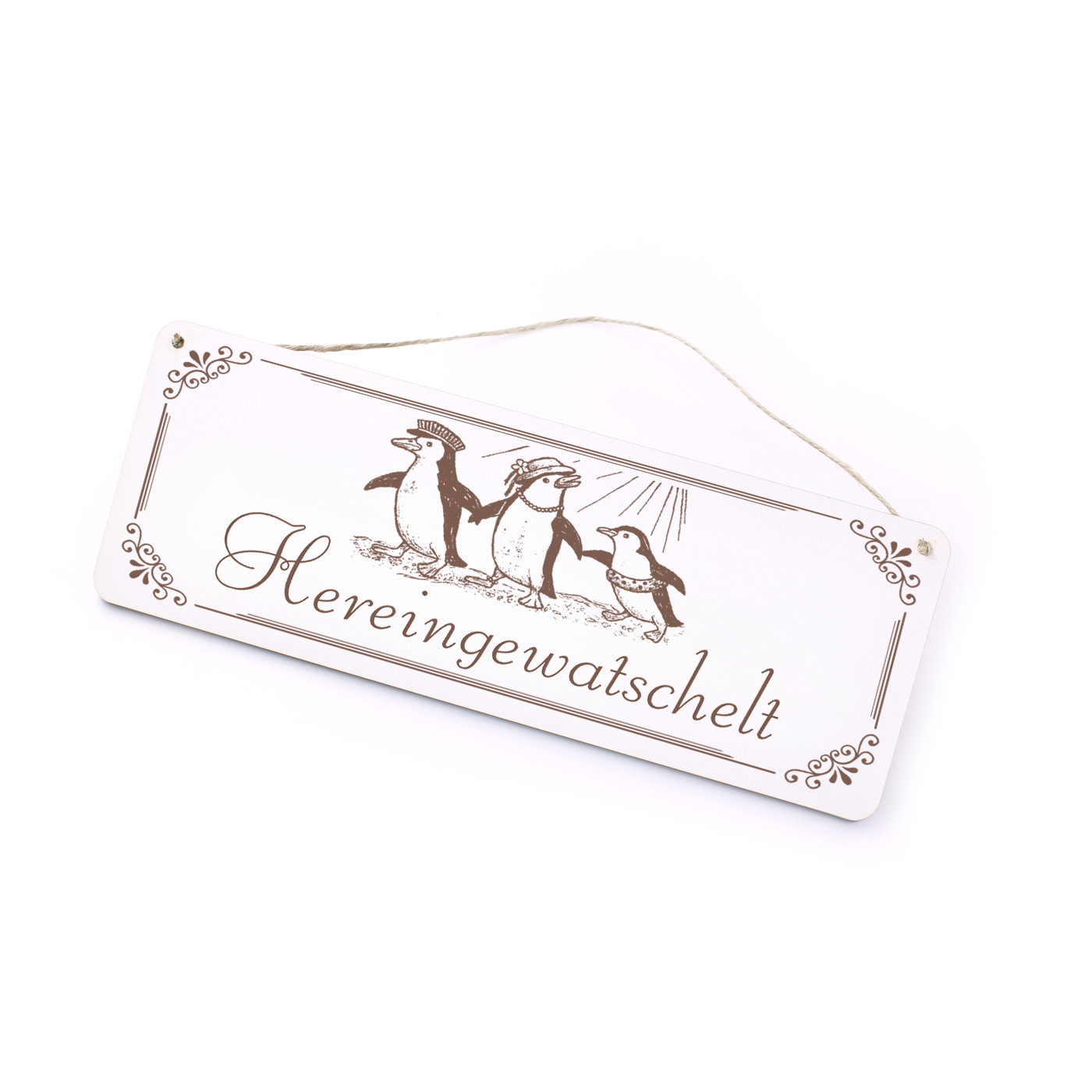 Schild mit Gravur Hereingewatschelt Sommer Pinguin Familie - Dekoschild Vintage Türschild 20 x 7,5