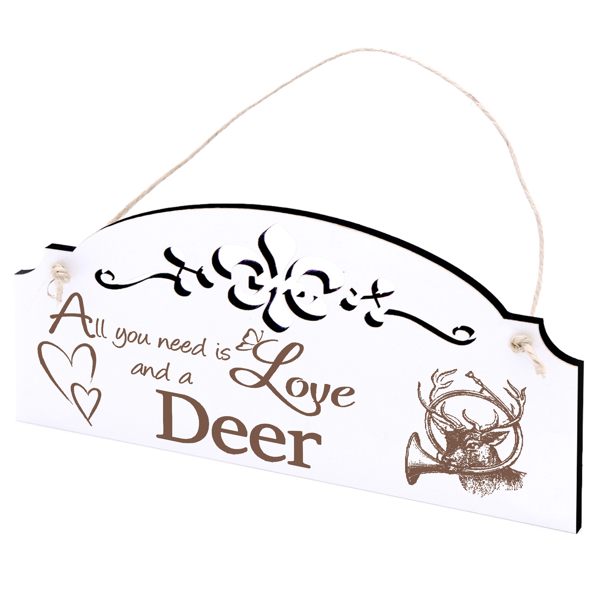 Schild Hirsch mit Waldhorn Deko 20x10cm - All you need is Love and a Deer - Holz