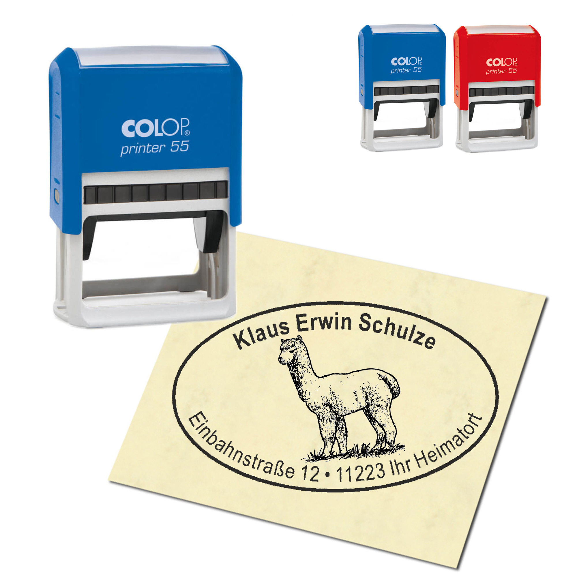 Adressstempel personalisiert Stempel - Alpaka Lama auf einer Wiese - oval 59 x 39 mm