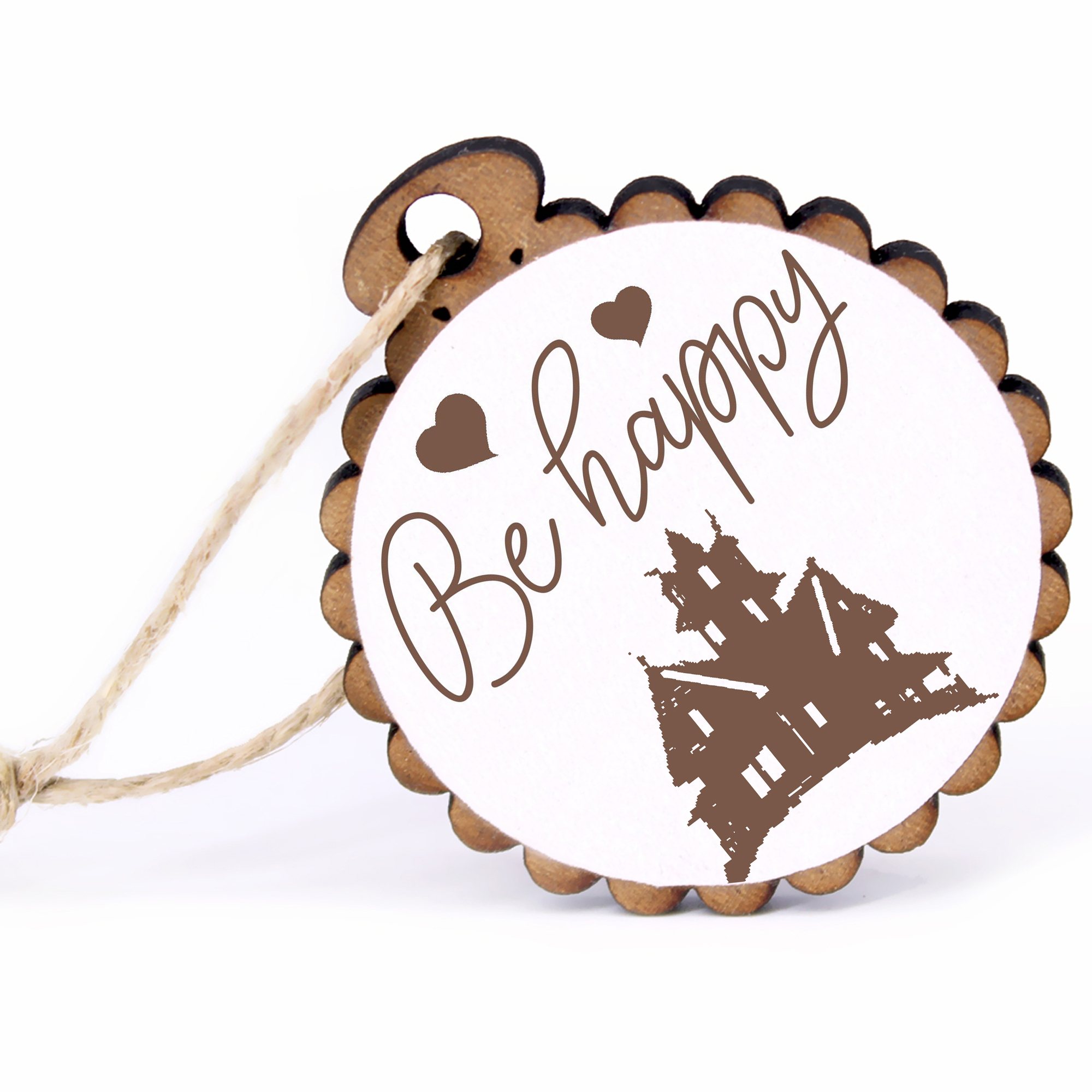 Geschenkanhänger - Be Happy Hexenhaus -  Holz Ø-5cm - mit Juteband