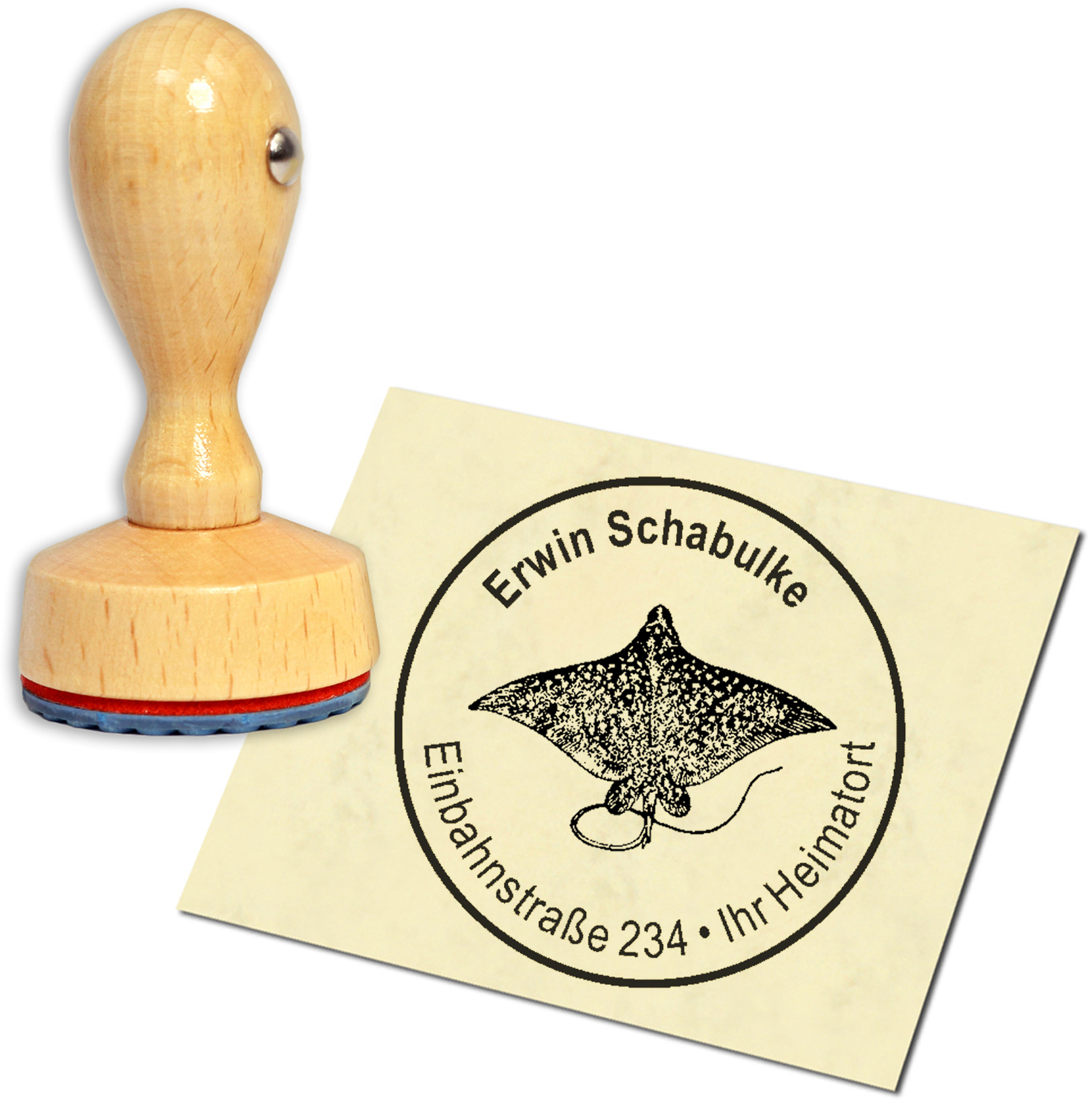 Stempel Adressstempel Holzstempel - Rochen - rund 40mm