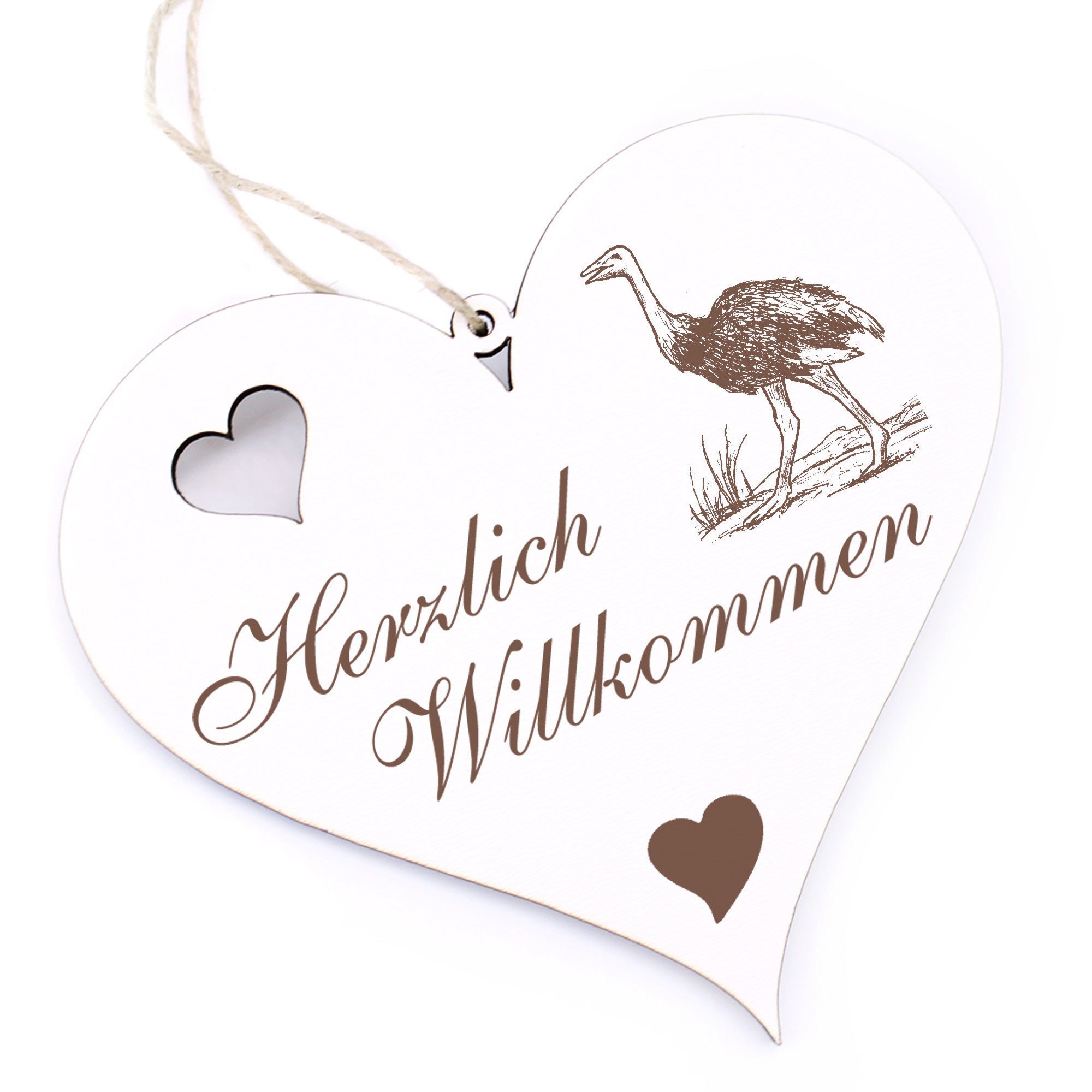 Herzlich Willkommen Schild - Vogel Strauß - Deko Herz Holz