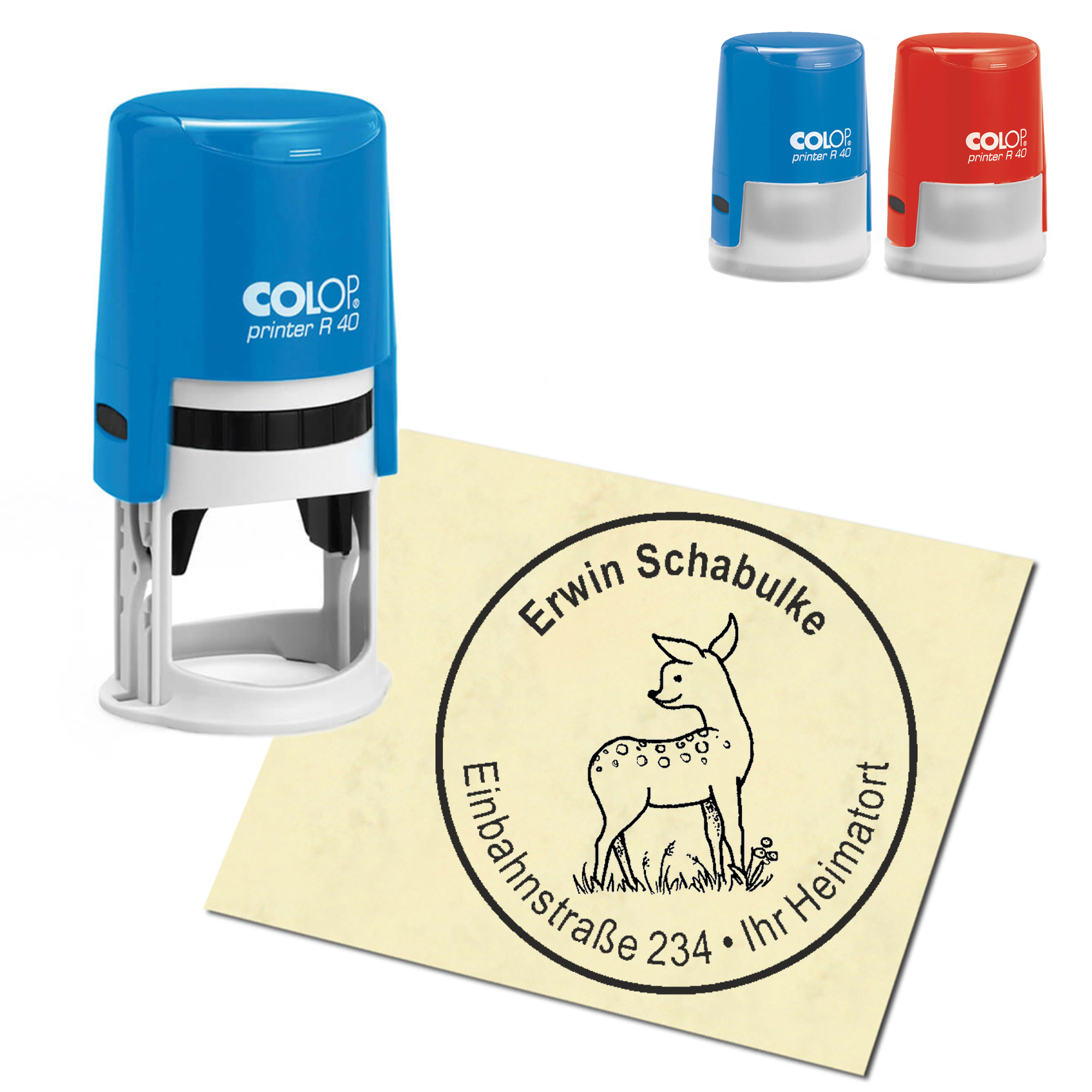Stempel Adressstempel personalisiert - niedliches Reh Rehkitz - rund &empty; 40mm