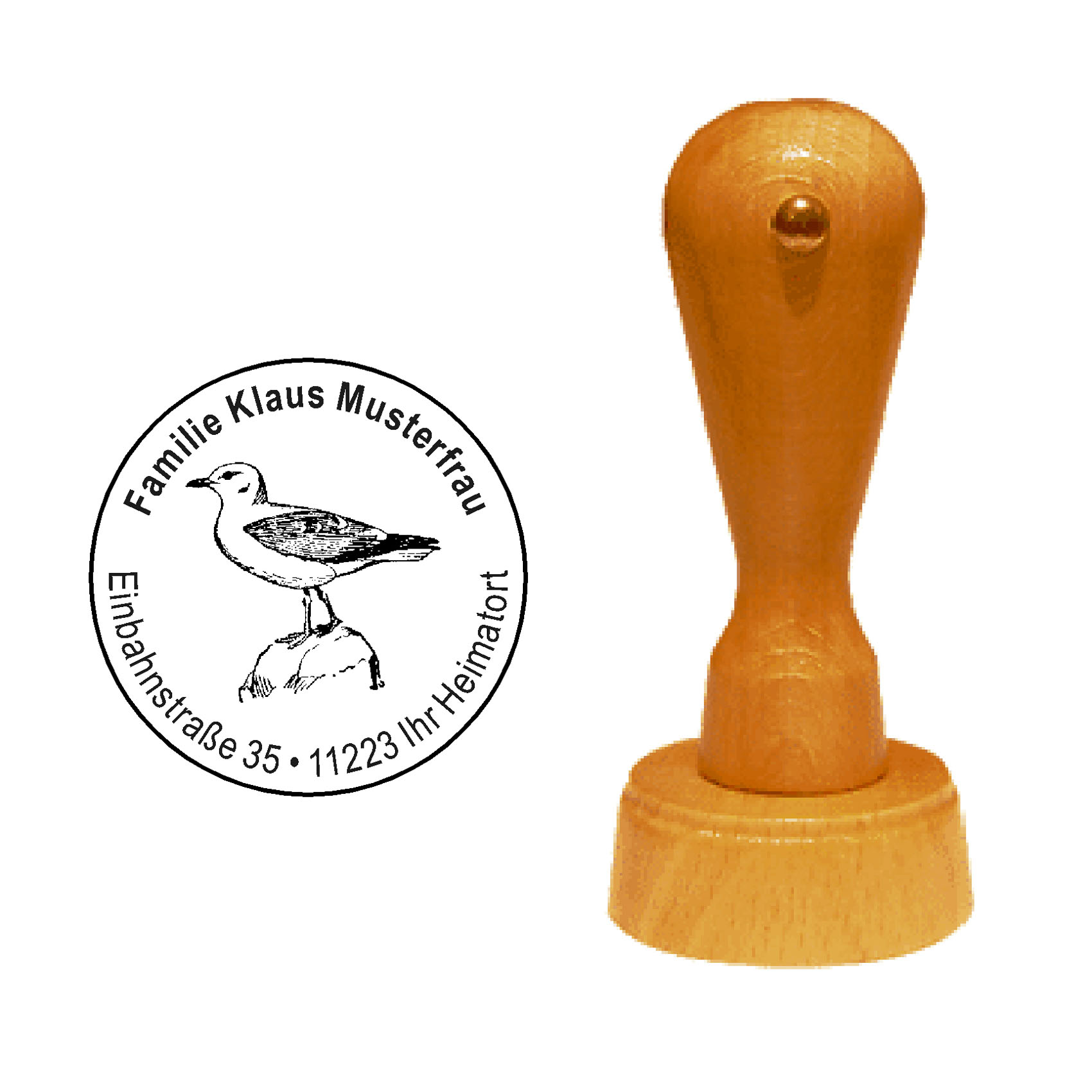 « Möwe 3 » Holzstempel mit persönlichem Wunschtext