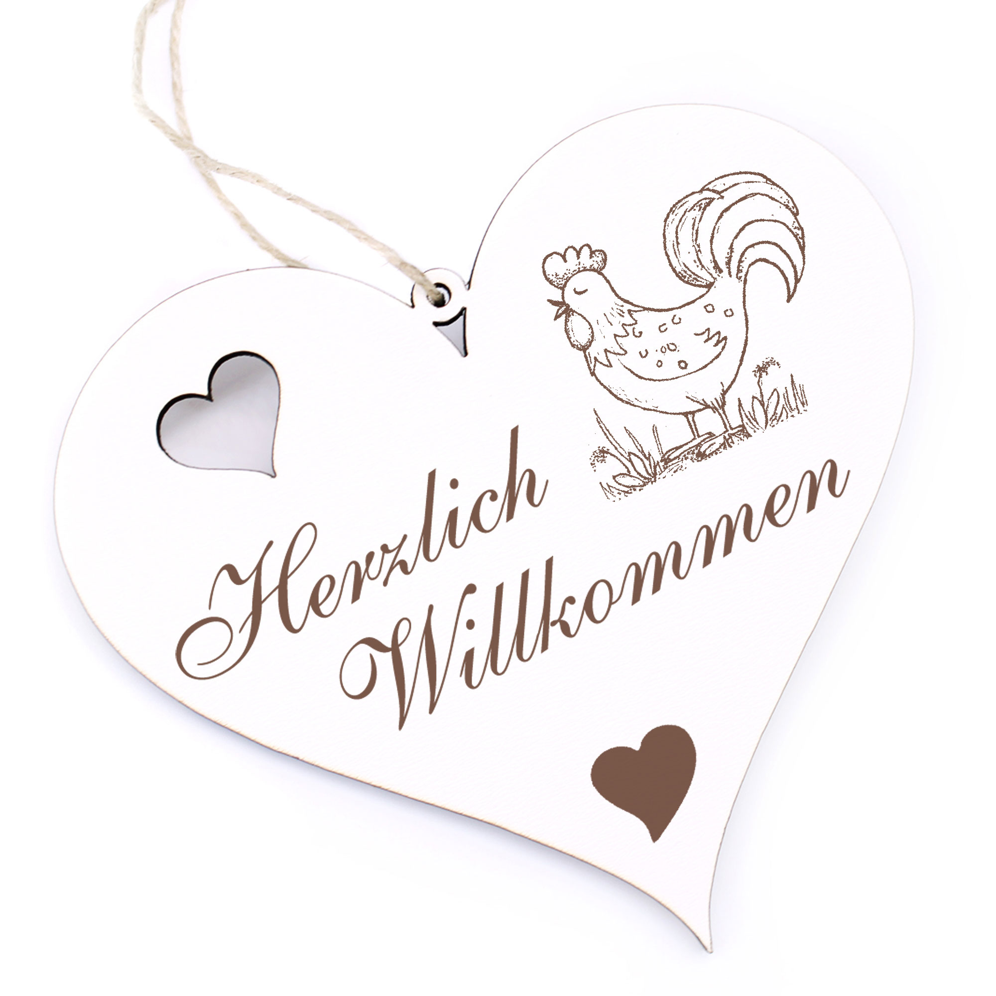 Herzlich Willkommen Schild - niedlicher Hahn - Deko Herz Holz