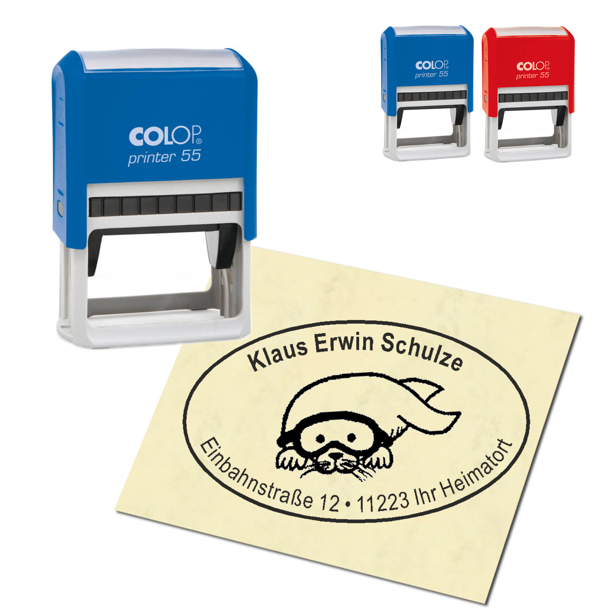 Adressstempel personalisiert Stempel - Robbe mit Taucherbrille - oval 59 x 39 mm