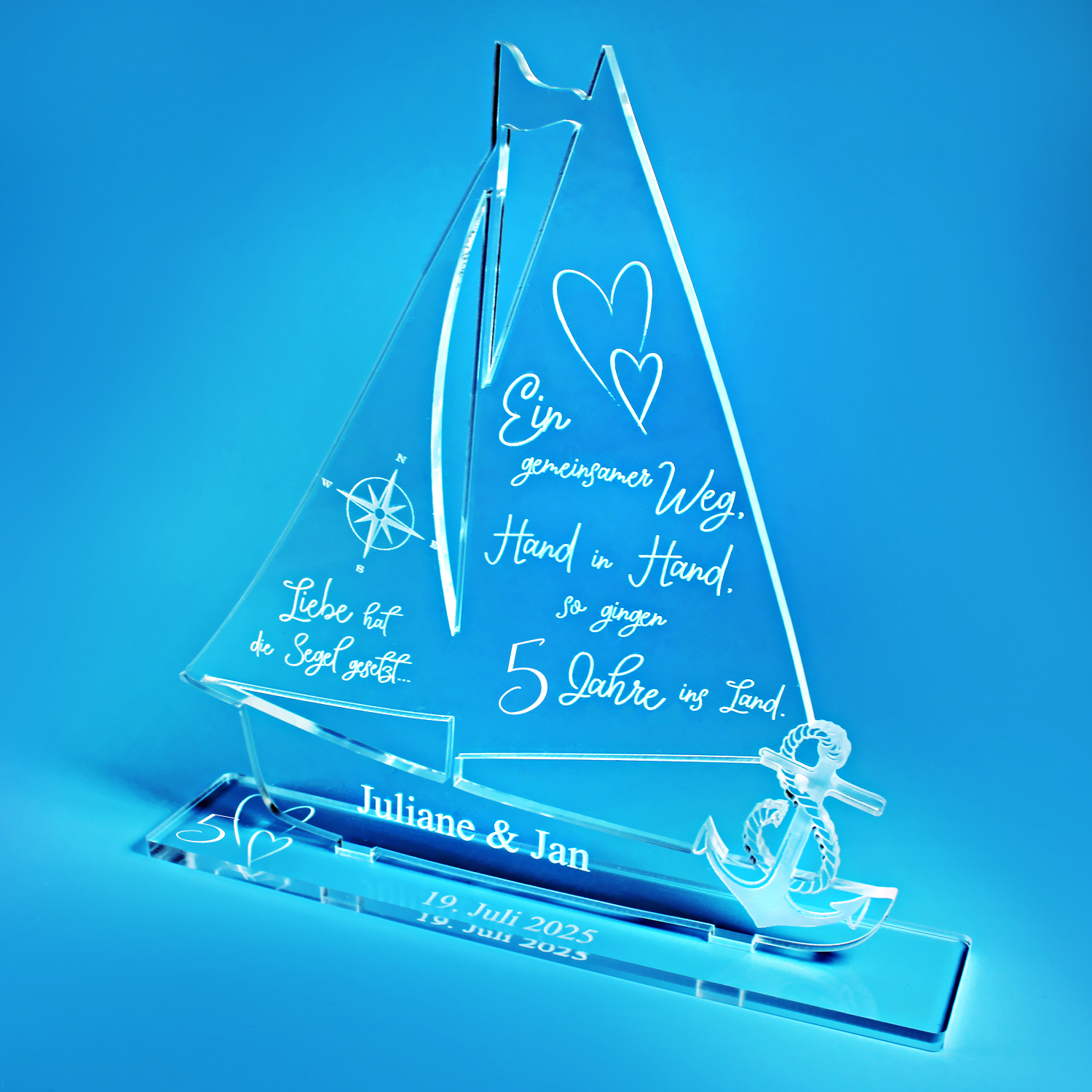 Geschenk Hölzerne Hochzeit personalisiertes Schiff aus Acryl 5 Holzhochzeit- Personalisierte Geschenke zur Hölzernen Hochzeit 