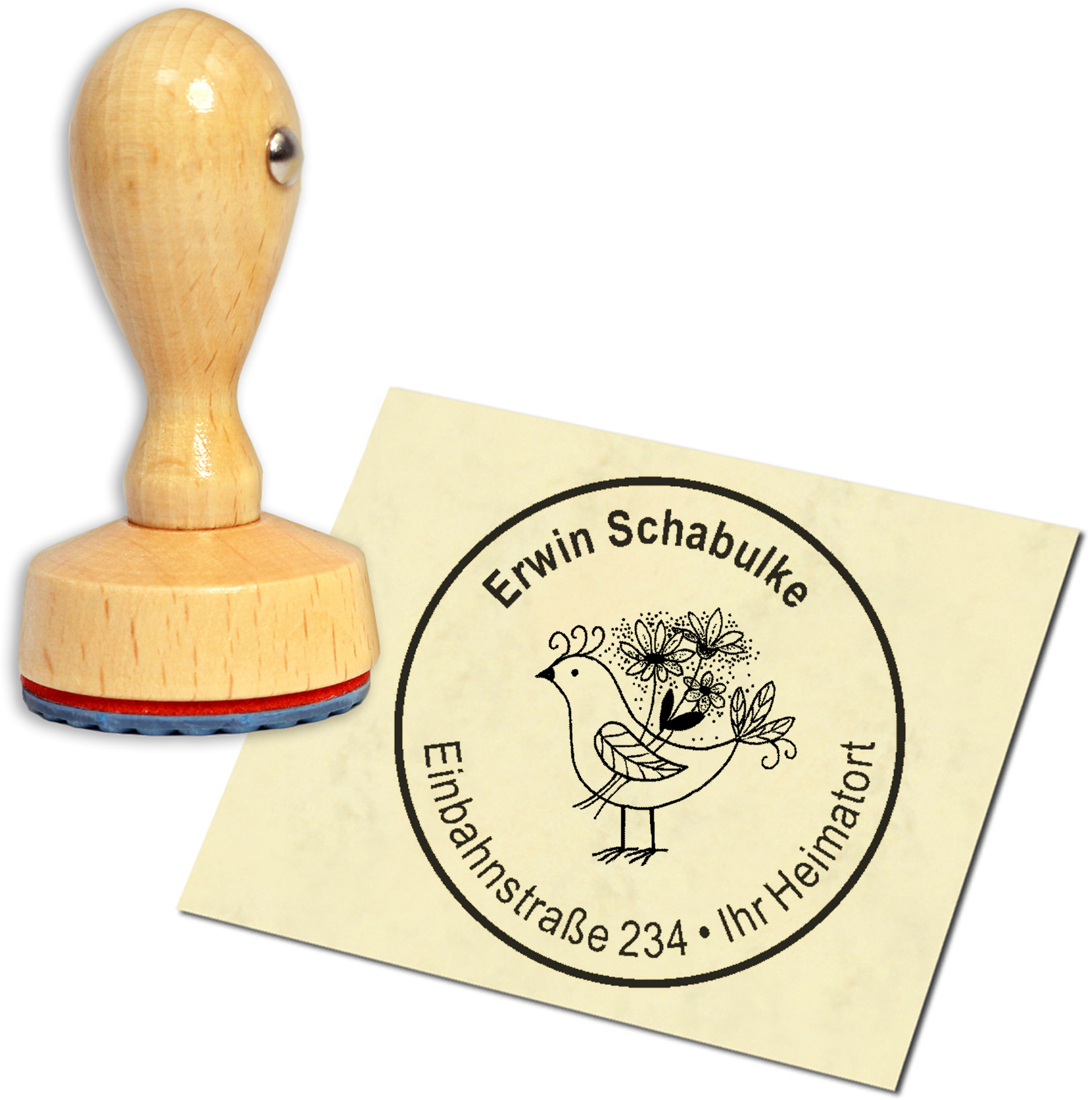 Stempel Adressstempel Holzstempel - Taube Vintage - rund 40mm