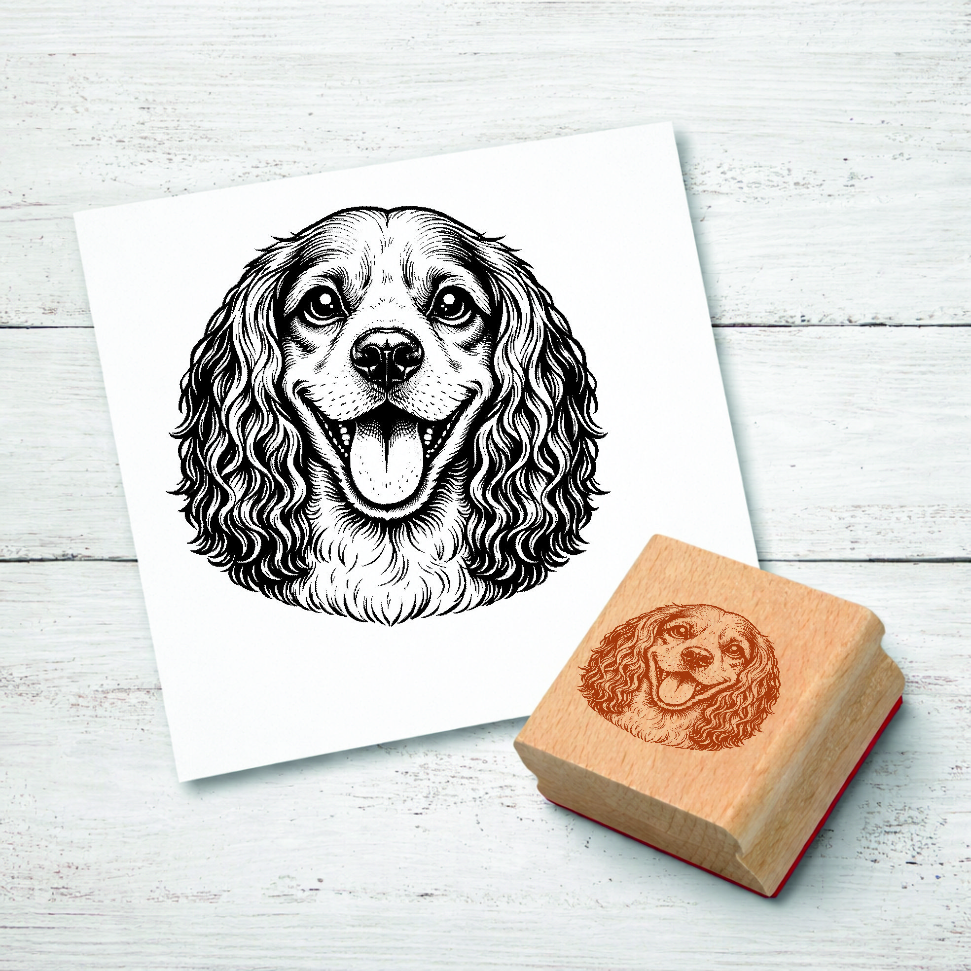 Motivstempel Cocker Spaniel Hund - Stempel mit Hundemotiv - Holzstempel Abdruck 48 x 45 mm