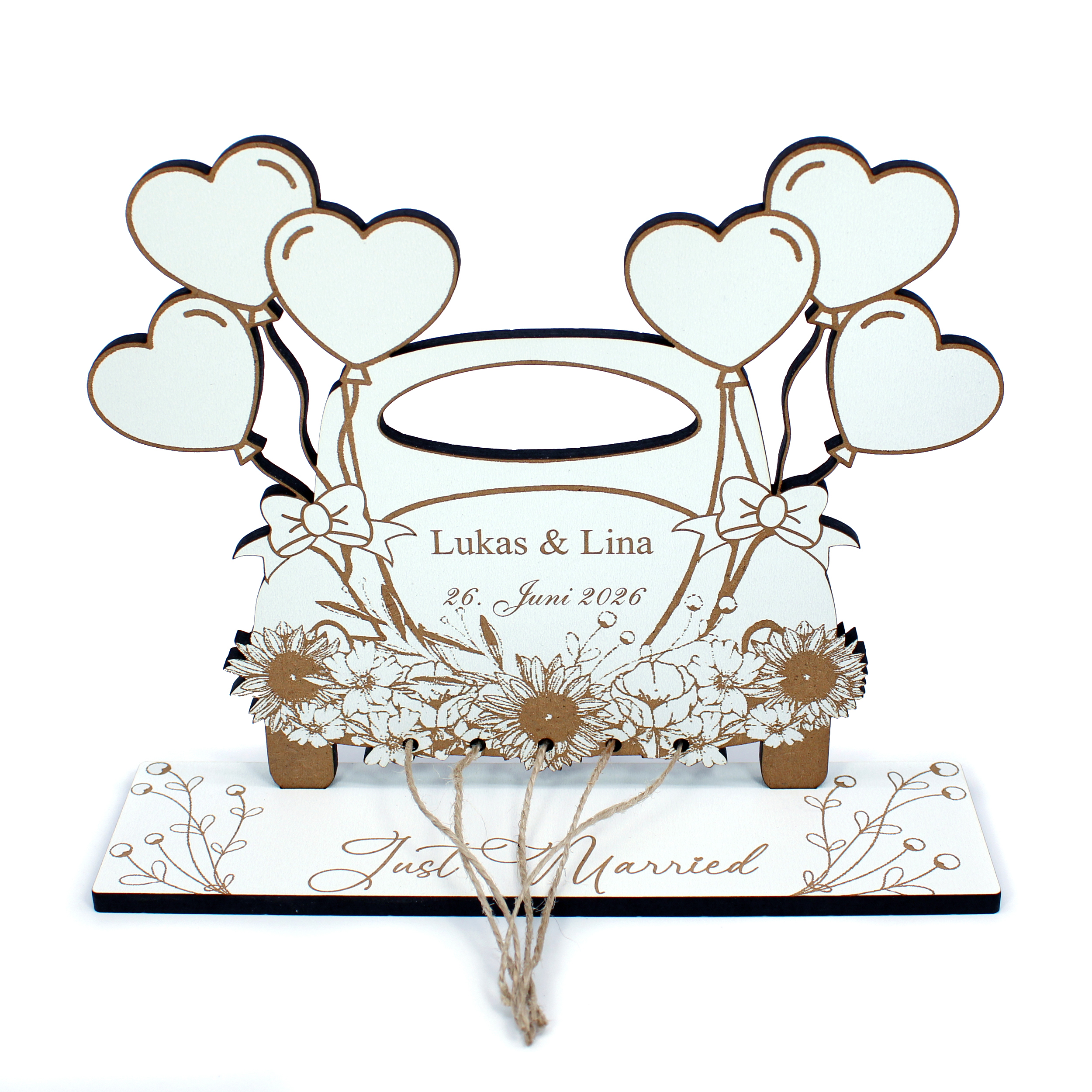 Hochzeit Geldgeschenk Vintage Auto mit Herzen - personalisiert mit Namen & Datum - Schild für Geld 15 x 13 cm