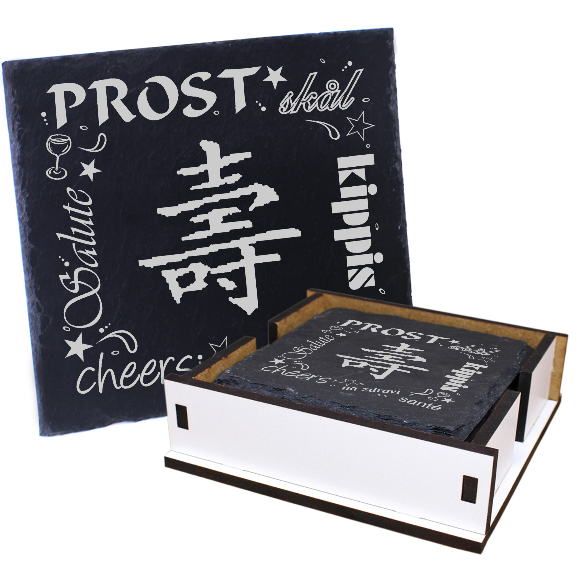 5 x Schiefer Untersetzer - Prost Langes Leben - inkl. Holzbox & Flaschenuntersetzer