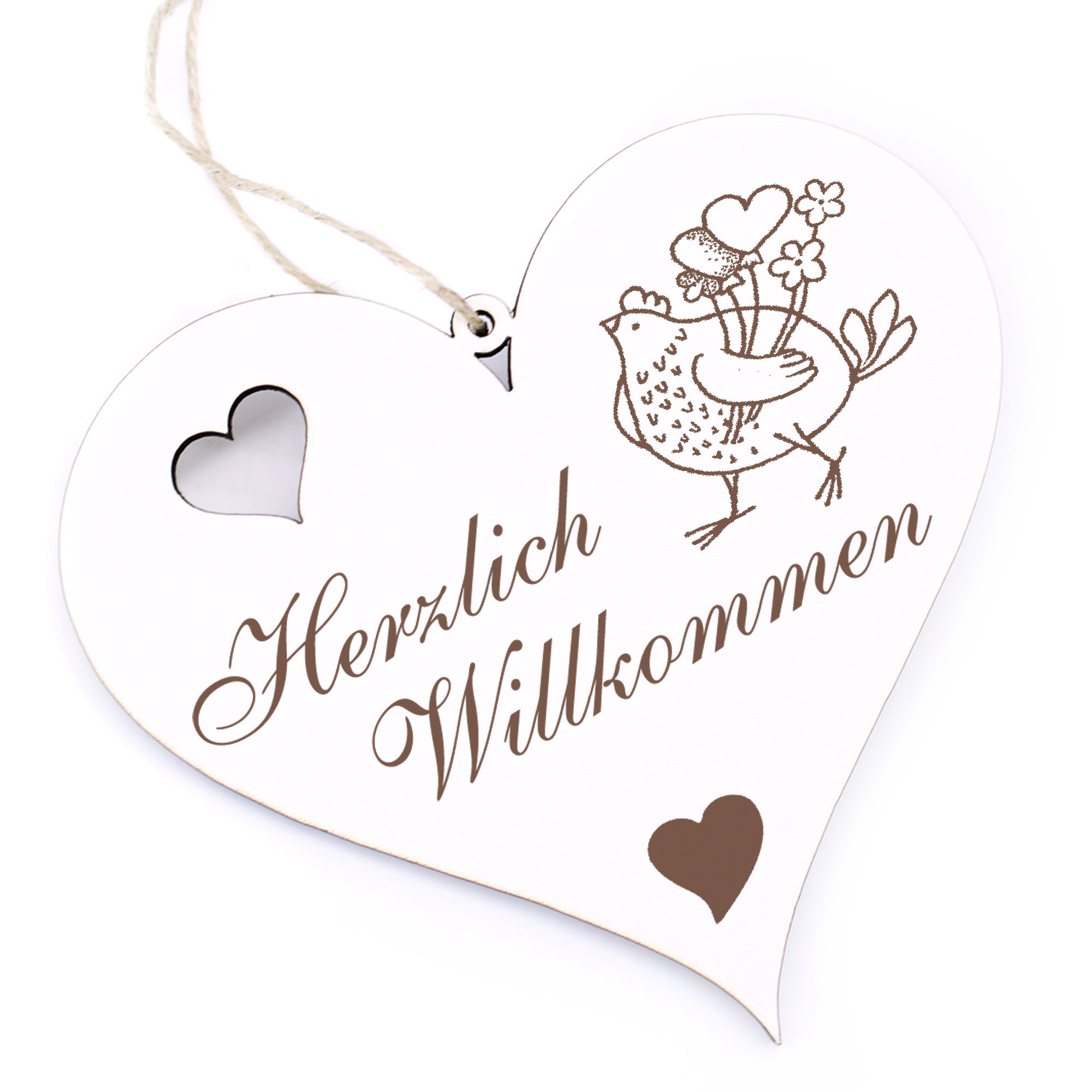 Herzlich Willkommen Schild - Henne mit Herzen - Deko Herz Holz