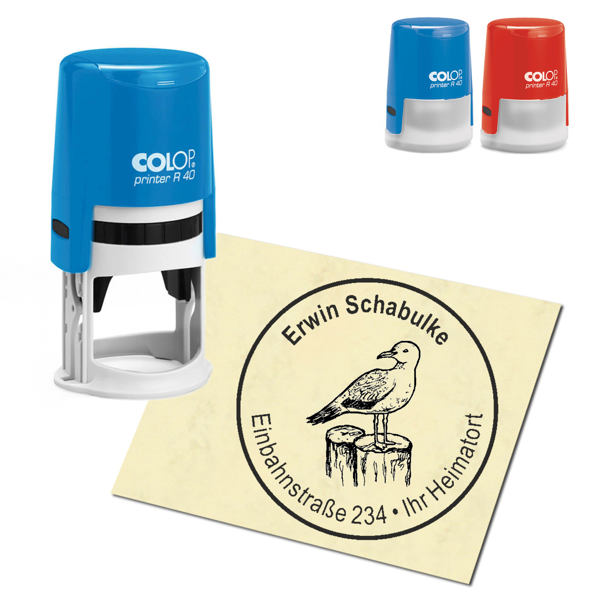 Stempel Adressstempel personalisiert - Möwe auf einer Buhne - rund &empty; 40mm