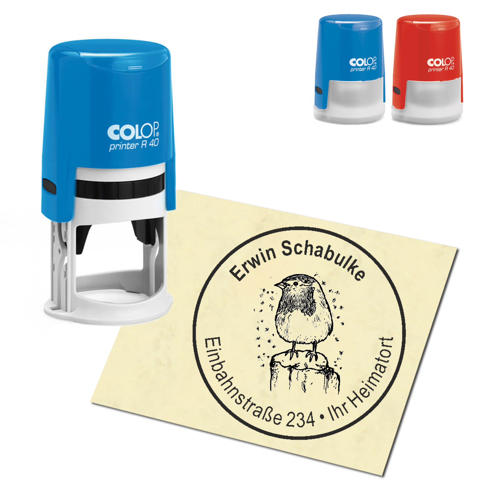 Stempel Adressstempel personalisiert - Rotkehlchen im Winter - rund &empty; 40mm