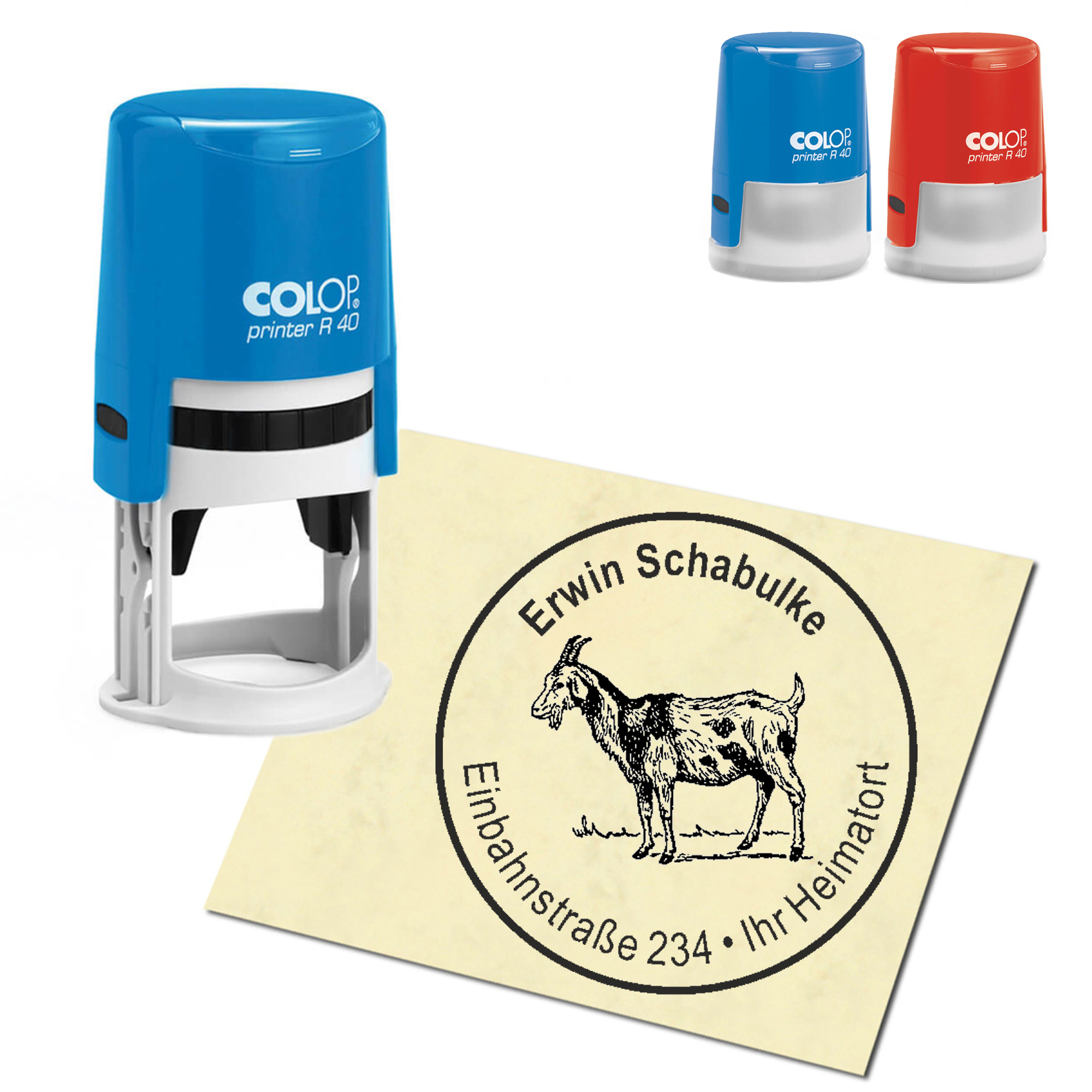 Stempel Adressstempel personalisiert - zweifarbige Ziege - rund &empty; 40mm