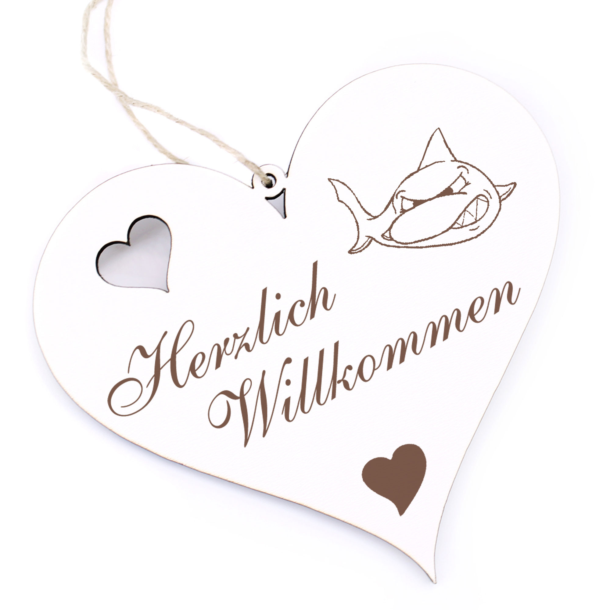 Herzlich Willkommen Schild - lachender Hai - Deko Herz Holz
