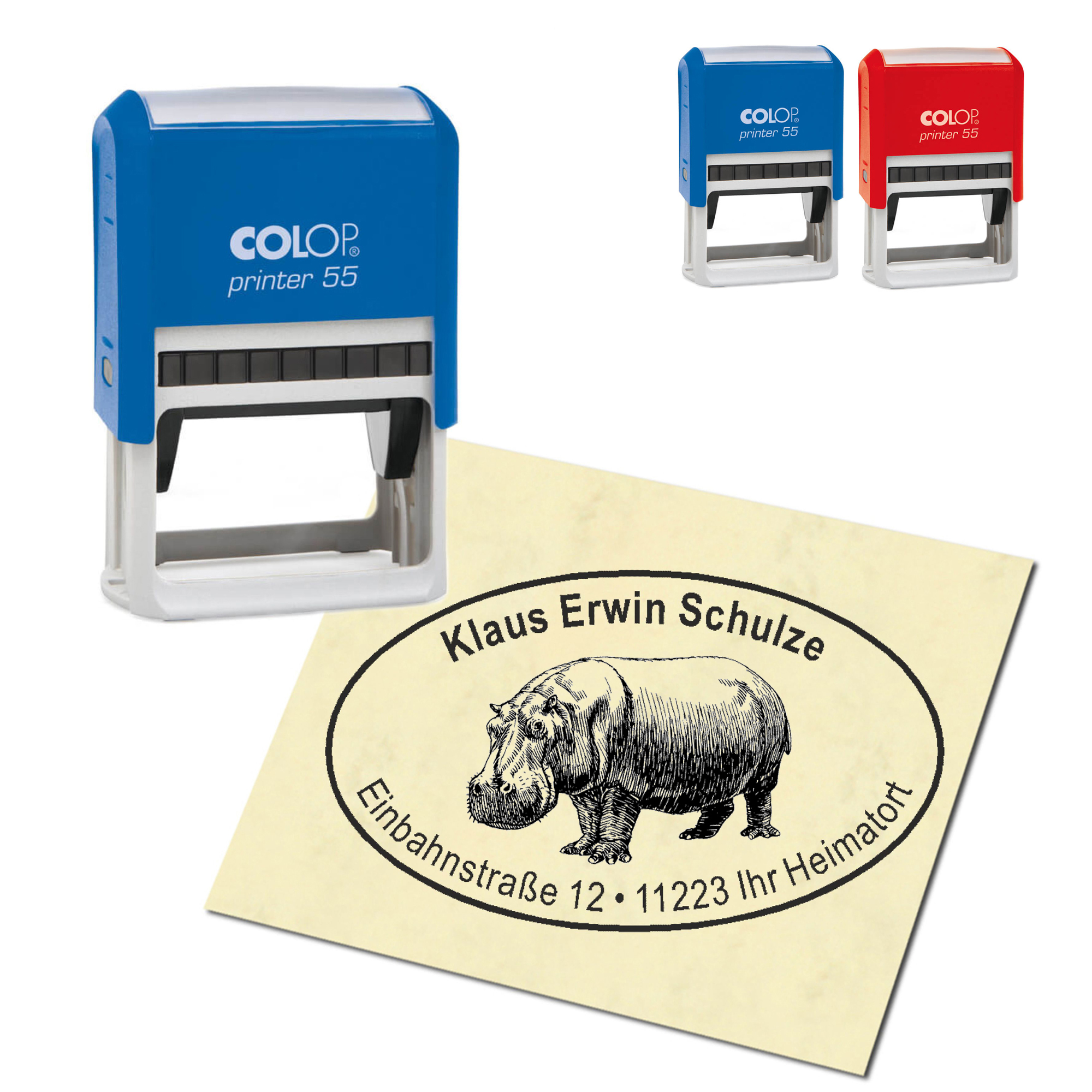 Adressstempel personalisiert Stempel - Nilpferd Hippo - oval 59 x 39 mm