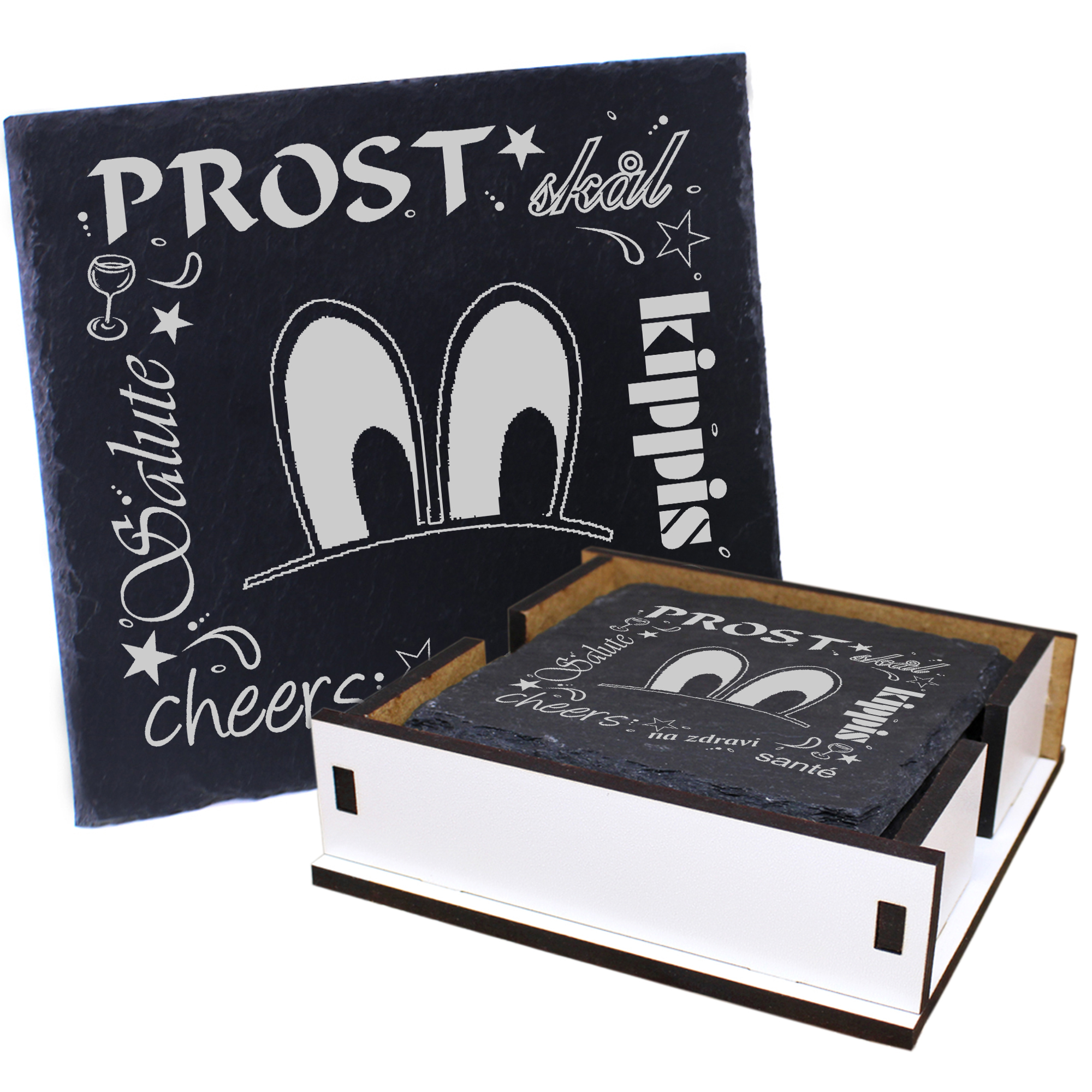 5 x Schiefer Untersetzer - Prost Augenpaar - inkl. Holzbox & Flaschenuntersetzer