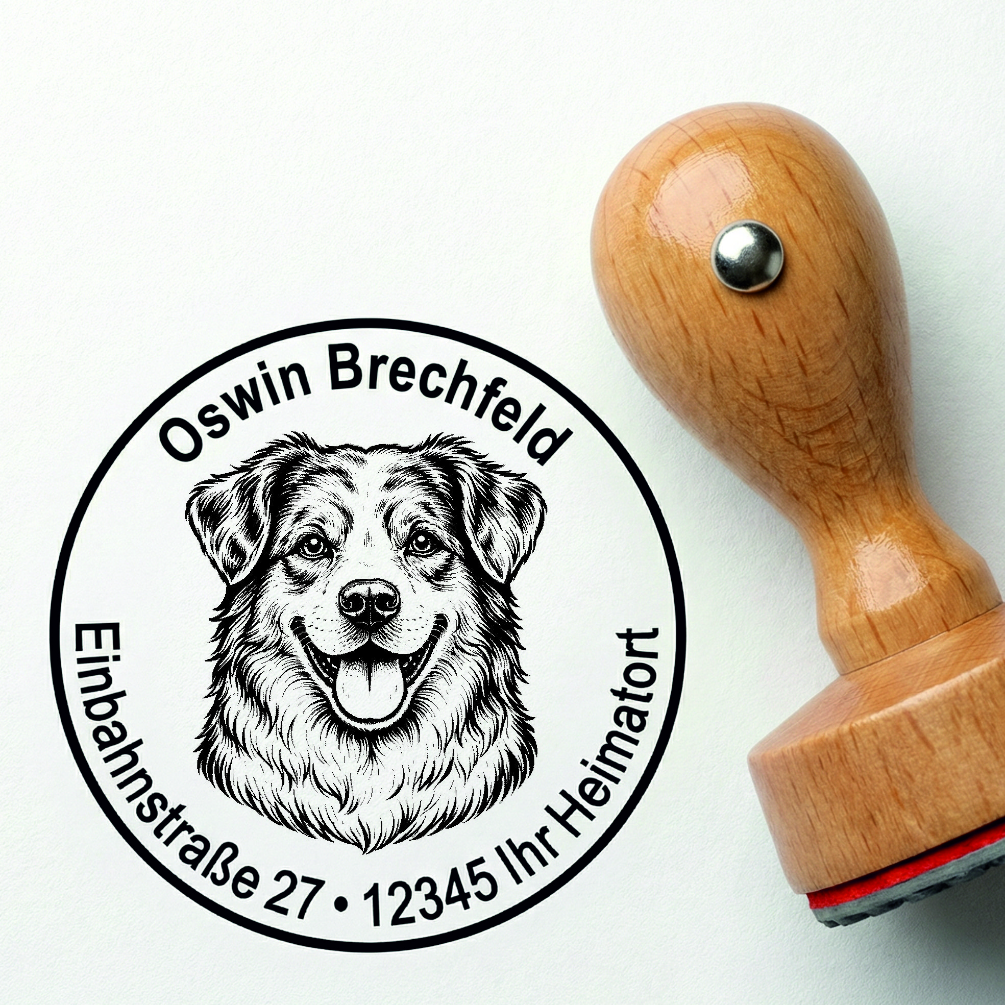Stempel Australian Shepherd personalisiert – Hund Holzstempel mit Name & Adresse  - Ø 40 mm 
