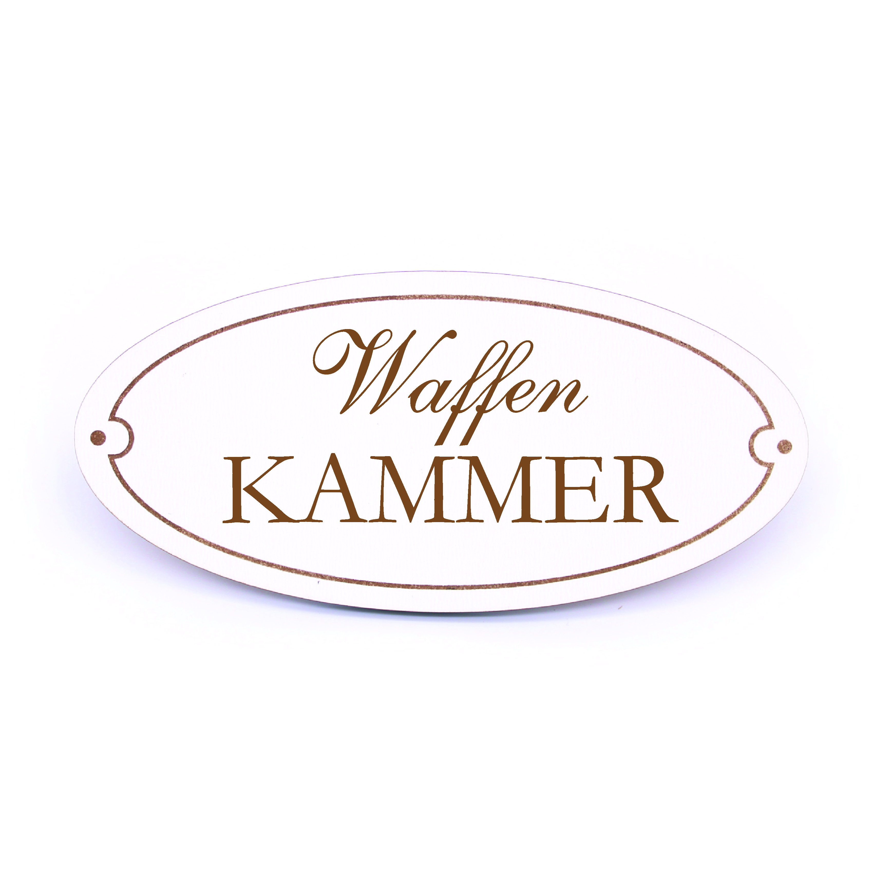 Türschild WAFFEN KAMMER Schild oval Waffenkammer weiß selbstklebend graviert Holz Türdeko 15x7cm