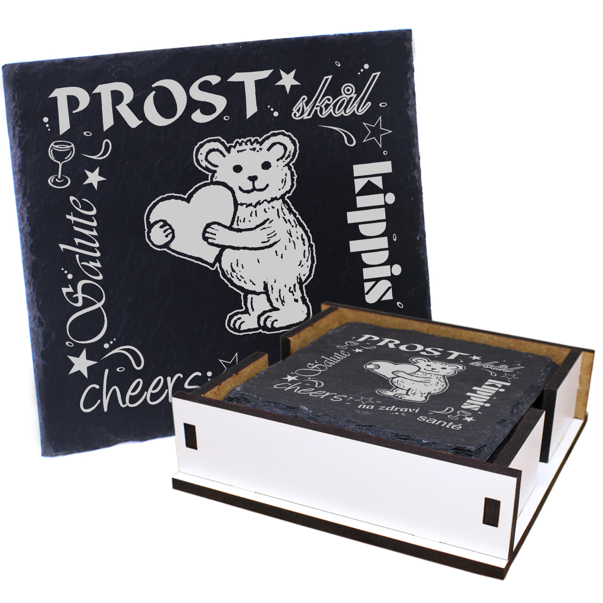 5 x Schiefer Untersetzer - Prost Teddy mit Herz - inkl. Holzbox & Flaschenuntersetzer