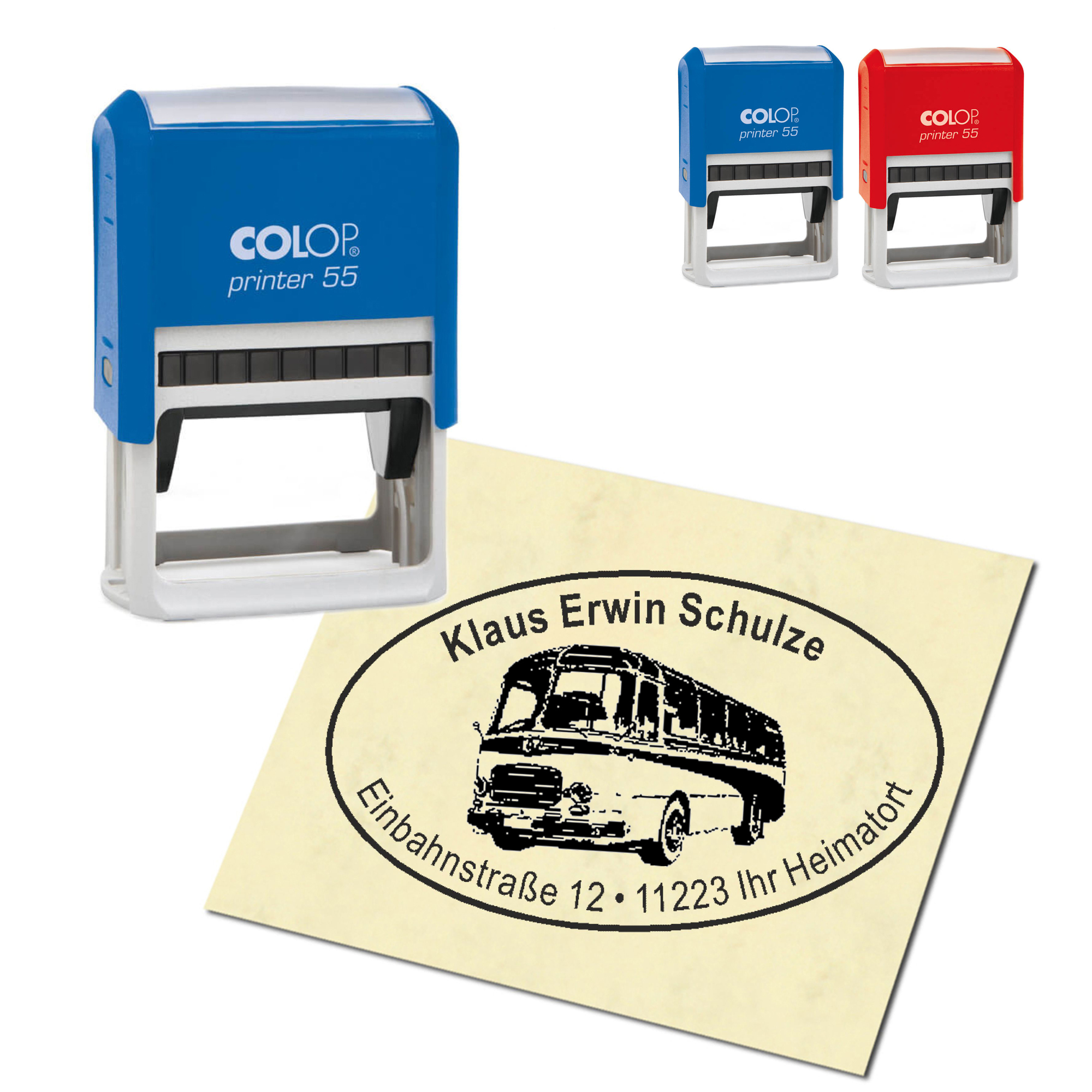 Adressstempel personalisiert Stempel - alter Bus - oval 59 x 39 mm