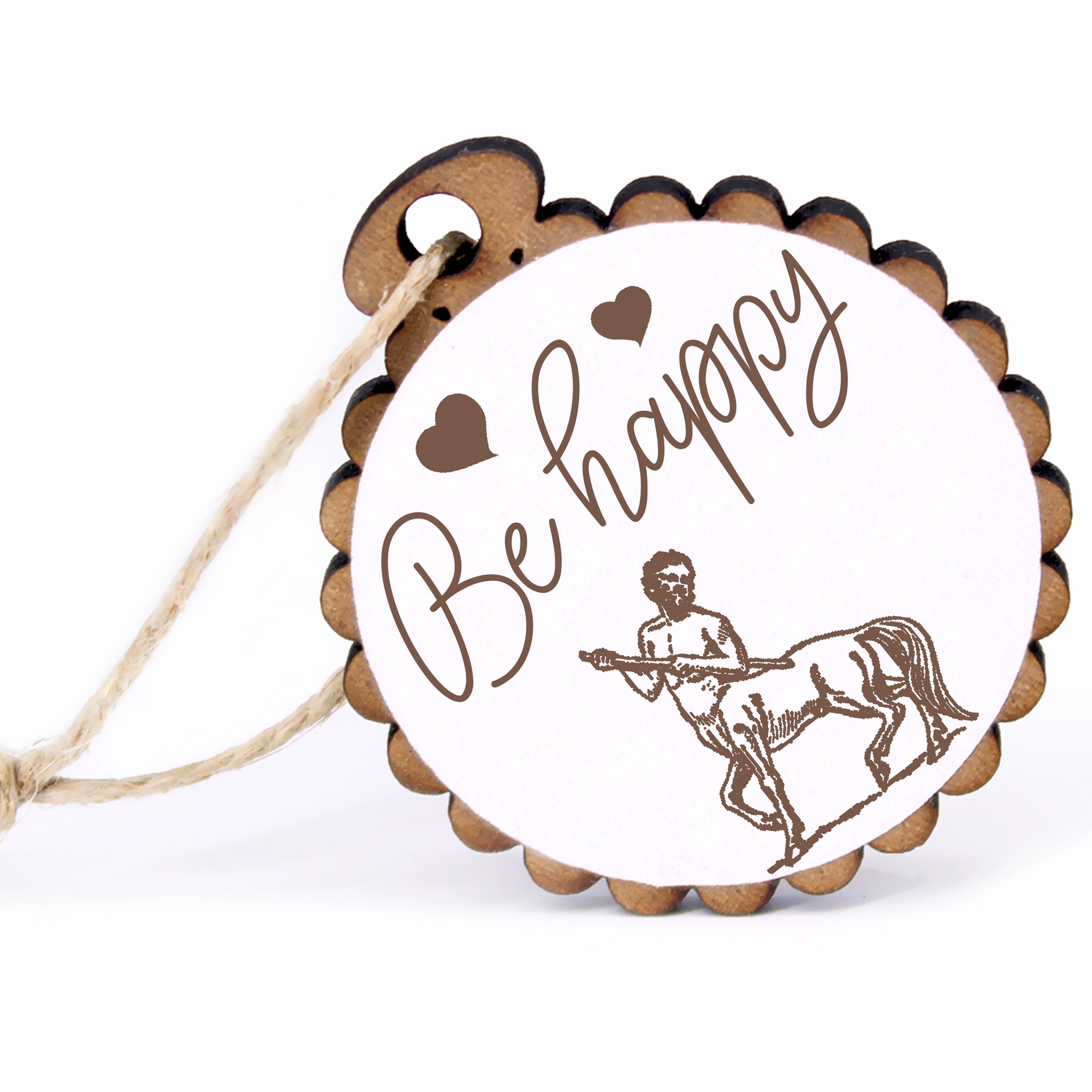Geschenkanhänger - Be Happy Kentaur -  Holz Ø-5cm - mit Juteband
