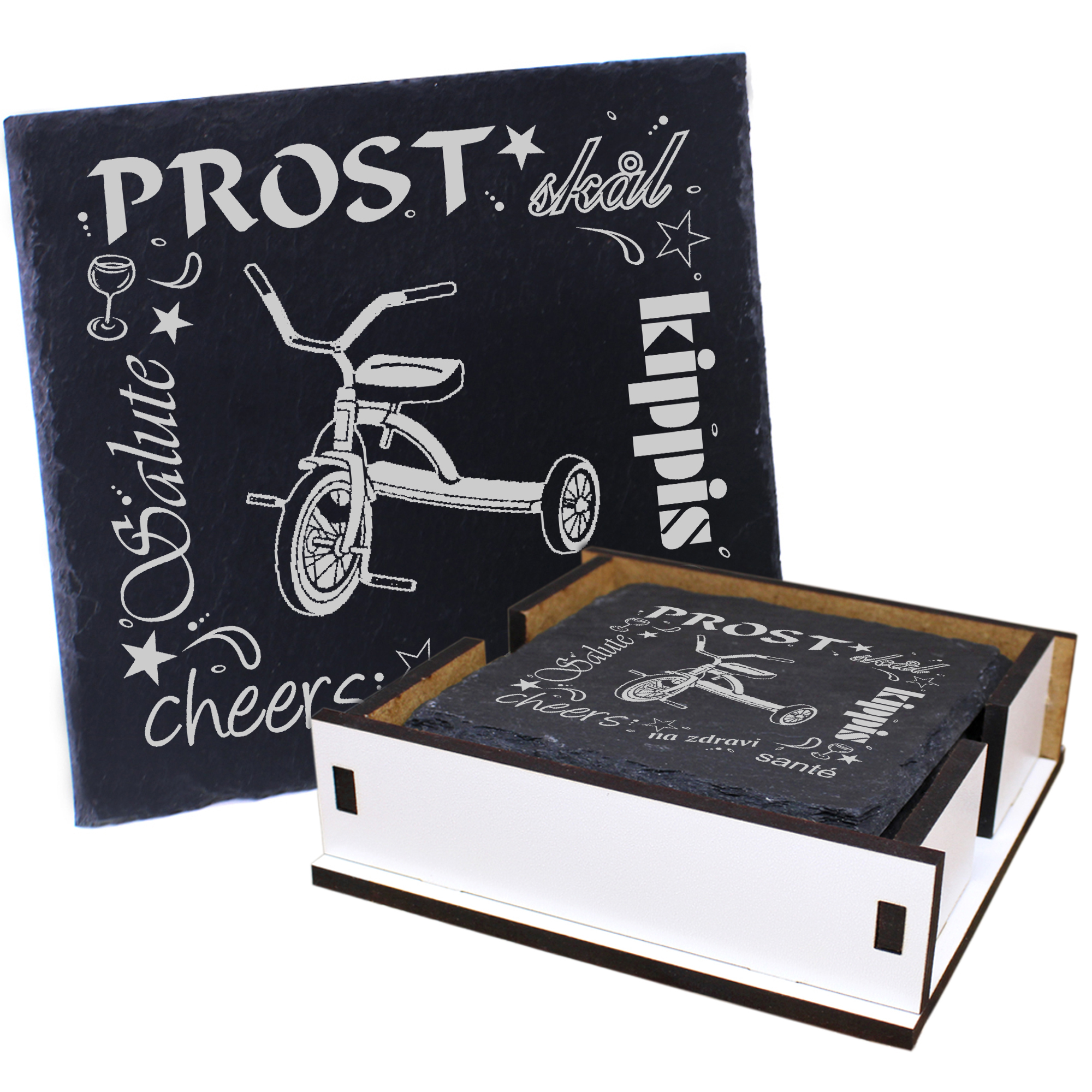 5 x Schiefer Untersetzer - Prost Dreirad - inkl. Holzbox & Flaschenuntersetzer