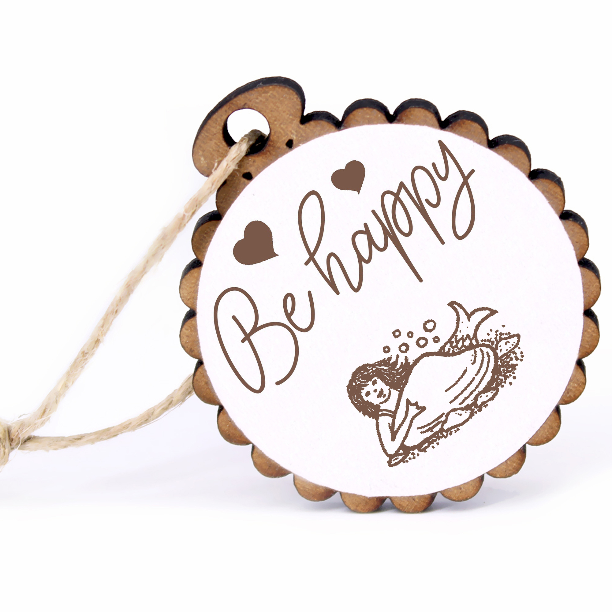 Geschenkanhänger - Be Happy Meerjungfrau mit Muschel -  Holz Ø-5cm - mit Juteband