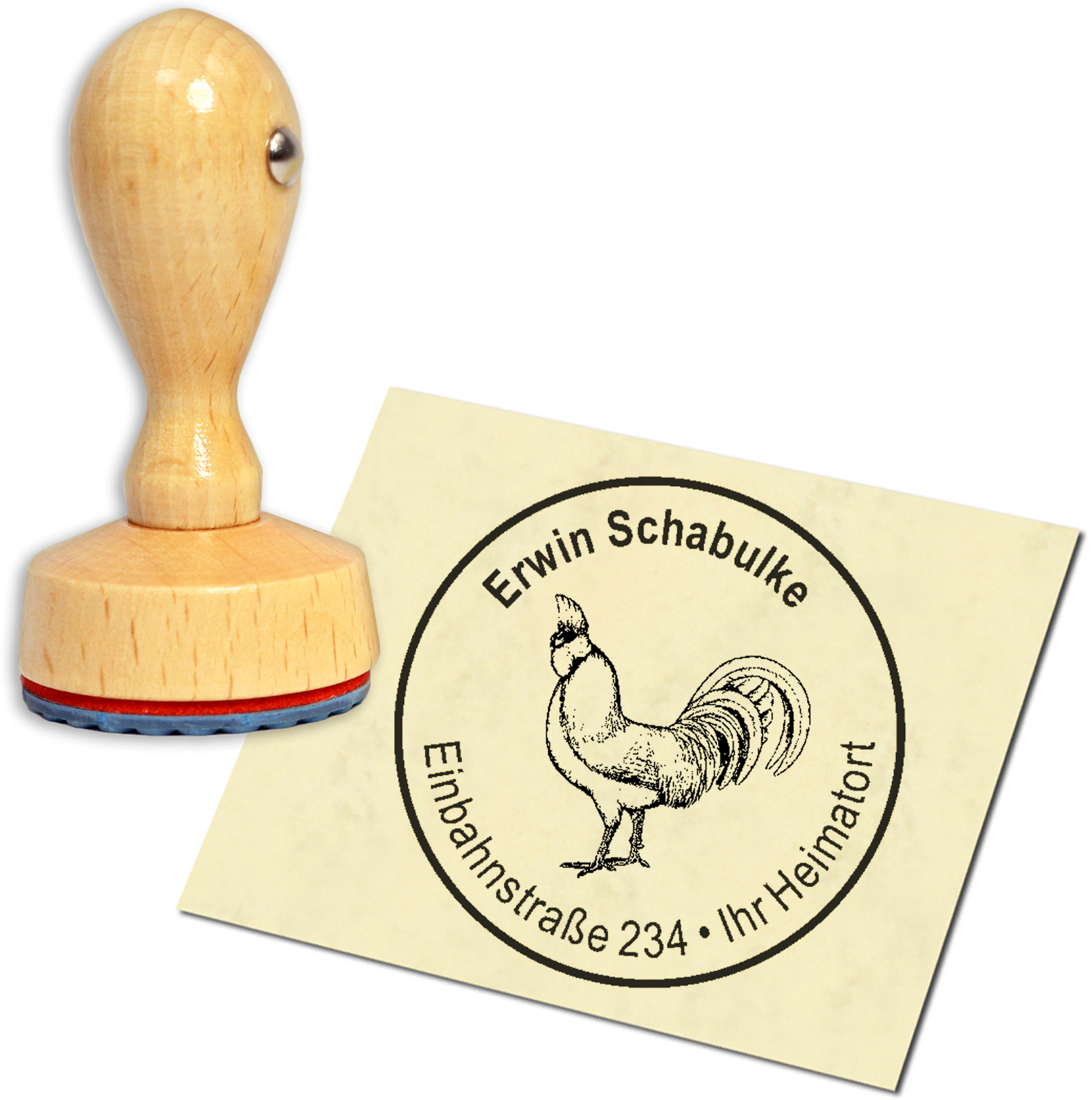 Stempel Adressstempel Holzstempel - Brabanter Hahn - rund 40mm