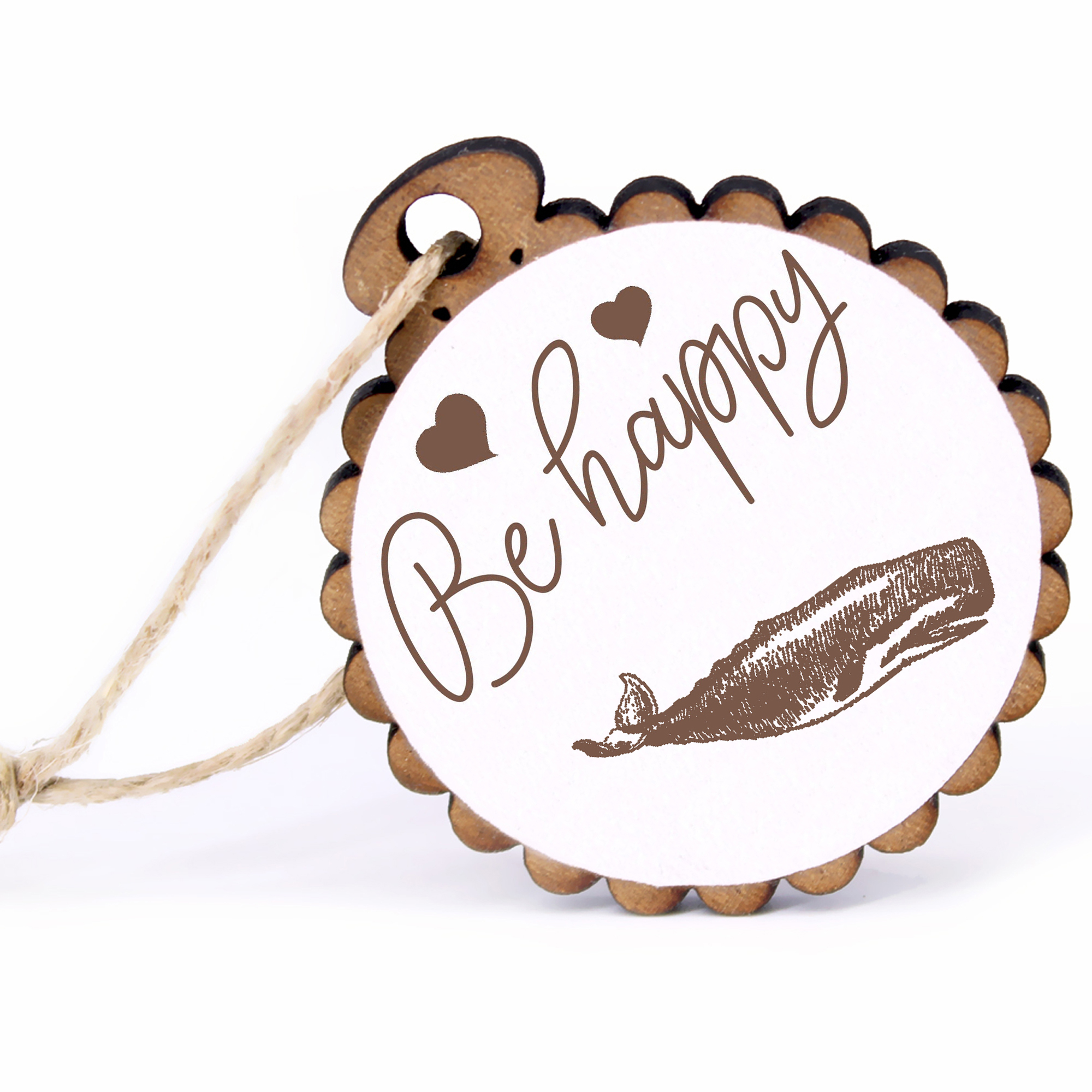 Geschenkanhänger - Be Happy Pottwal -  Holz Ø-5cm - mit Juteband