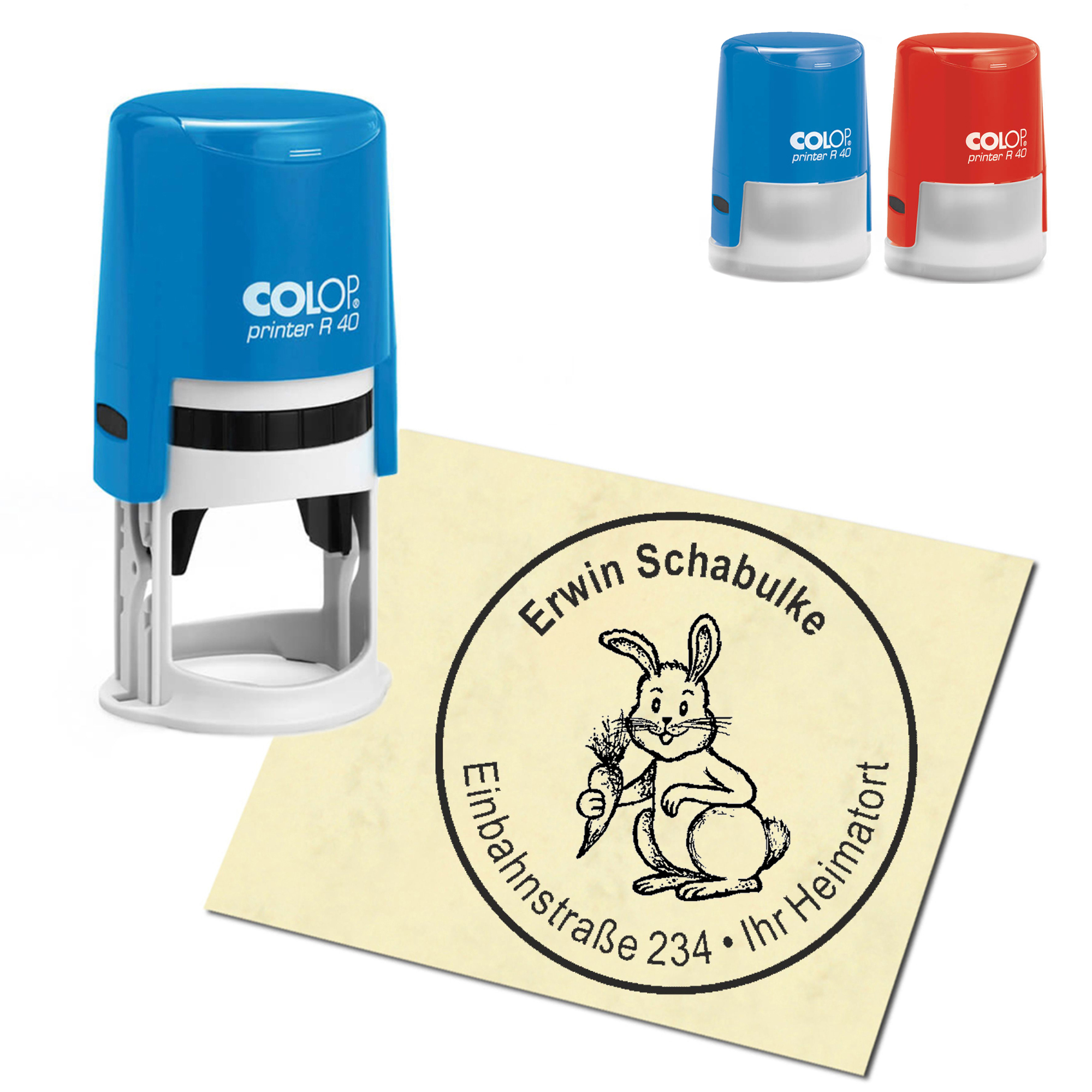 Stempel Adressstempel personalisiert - Hase mit Möhre - rund &empty; 40mm