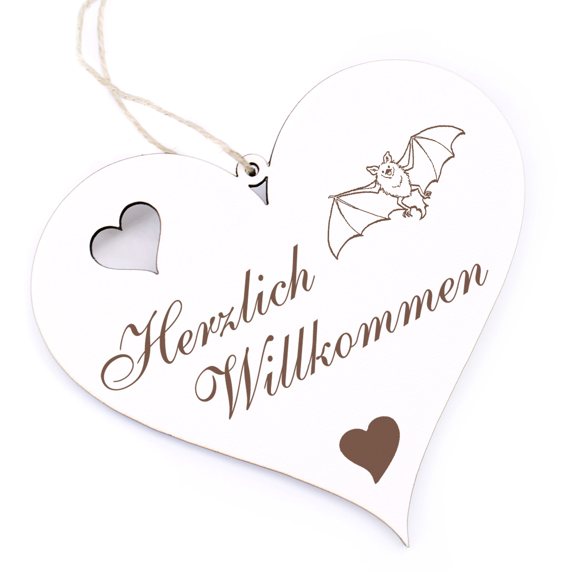 Herzlich Willkommen Schild - niedliche Fledermaus - Deko Herz Holz