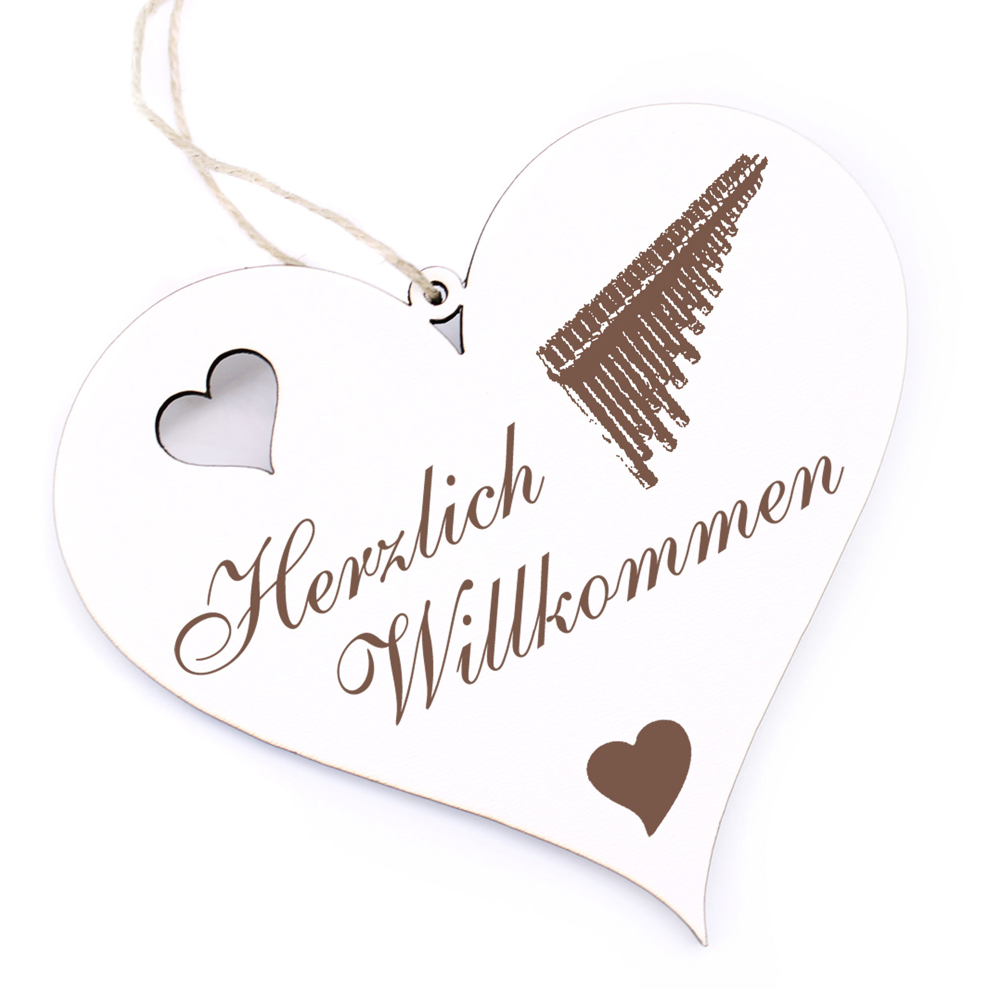 Herzlich Willkommen Schild - Panflöte - Deko Herz Holz