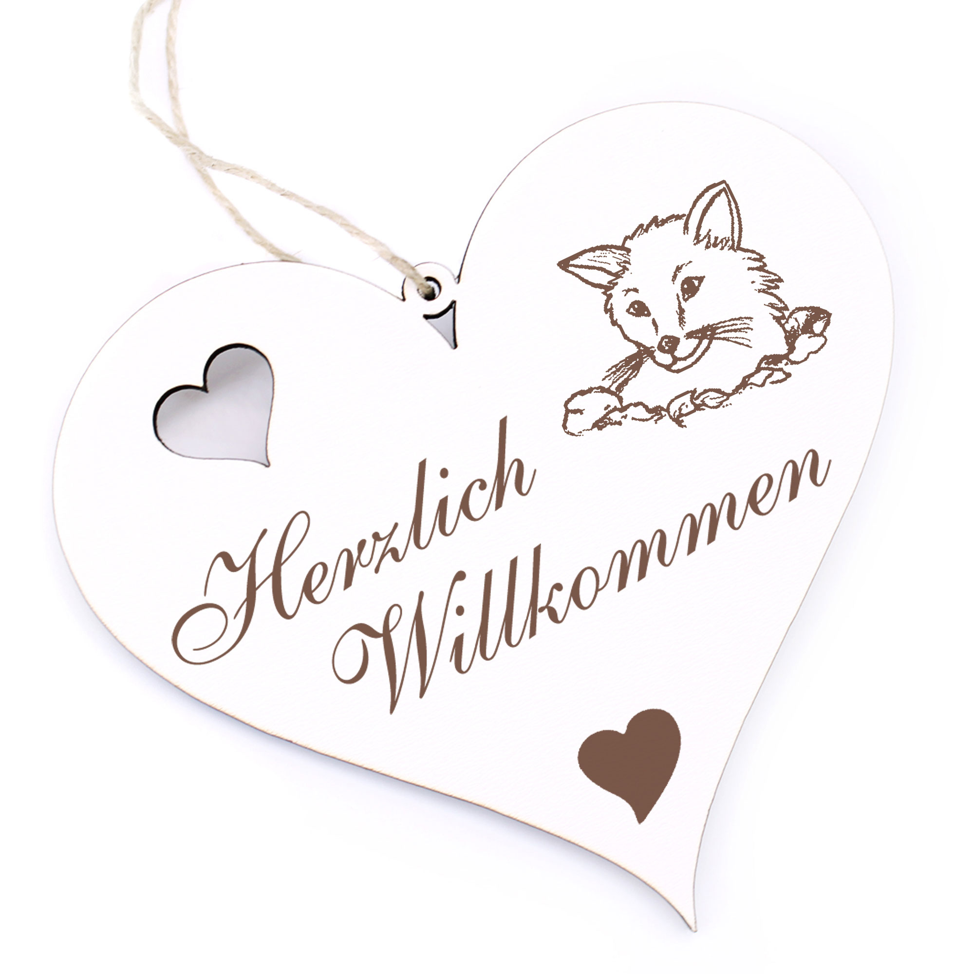 Herzlich Willkommen Schild - Fuchs im Erdloch - Deko Herz Holz
