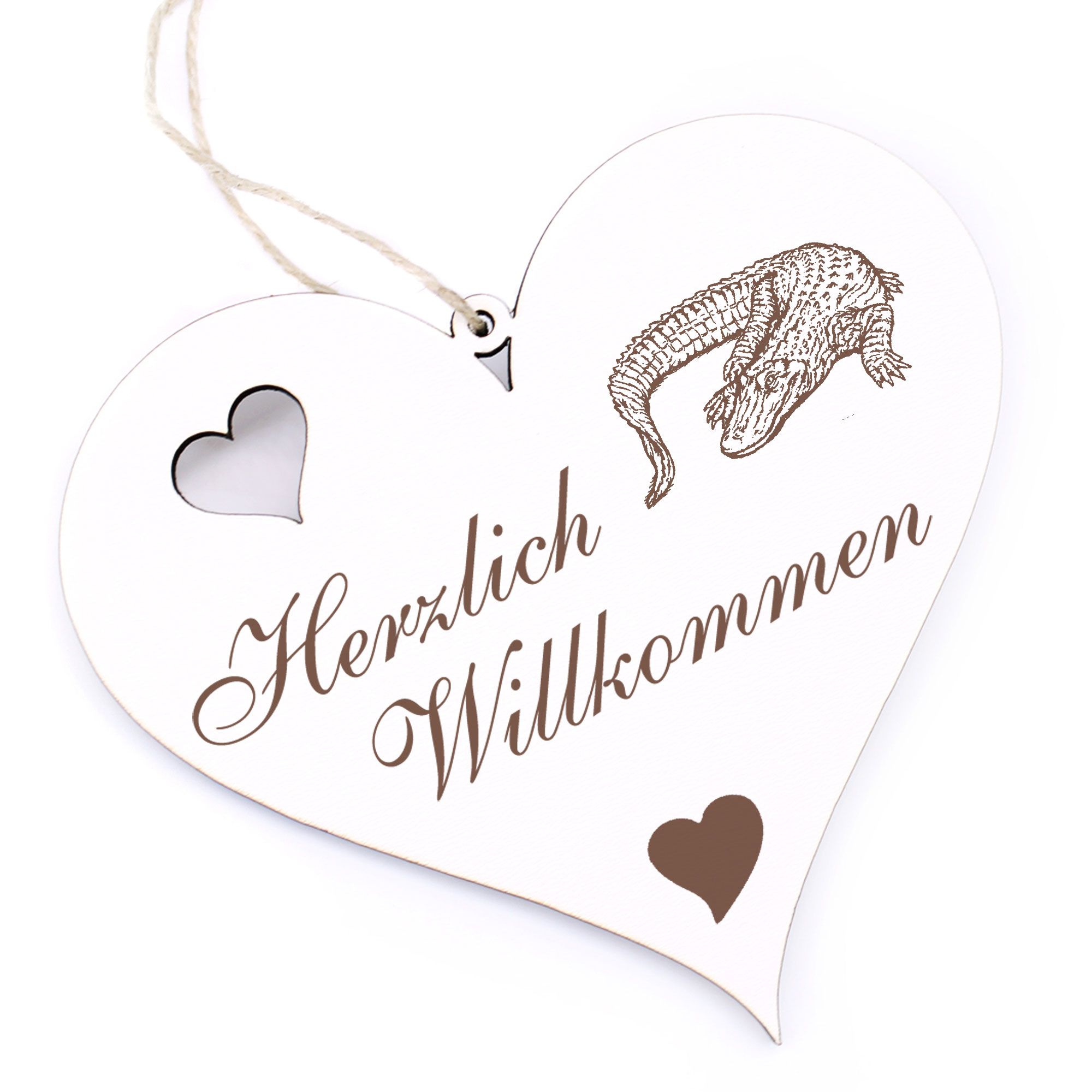 Herzlich Willkommen Schild - Aligator Krokodil - Deko Herz Holz