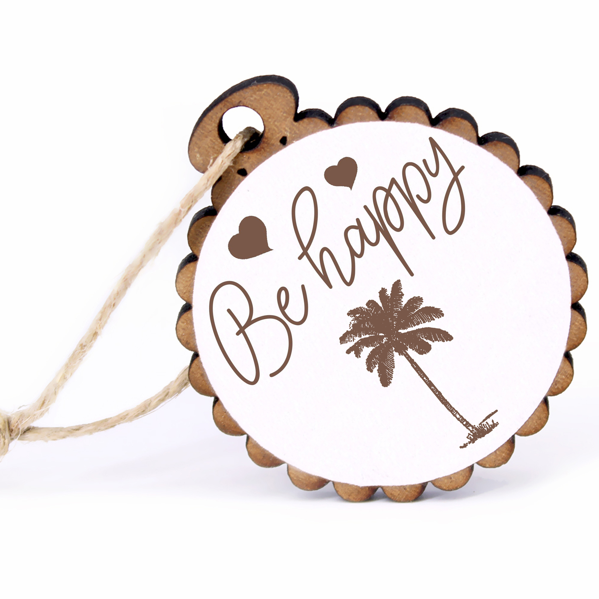 Geschenkanhänger - Be Happy Kokospalme -  Holz Ø-5cm - mit Juteband