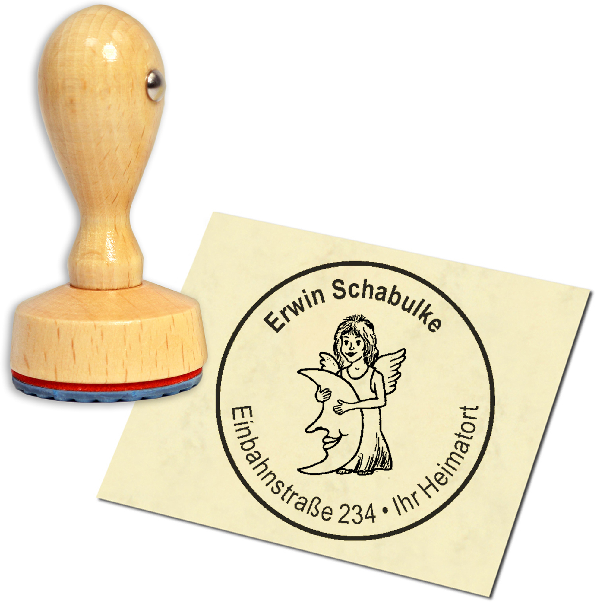 Stempel Adressstempel Holzstempel - Elfe mit Mond - rund 40mm