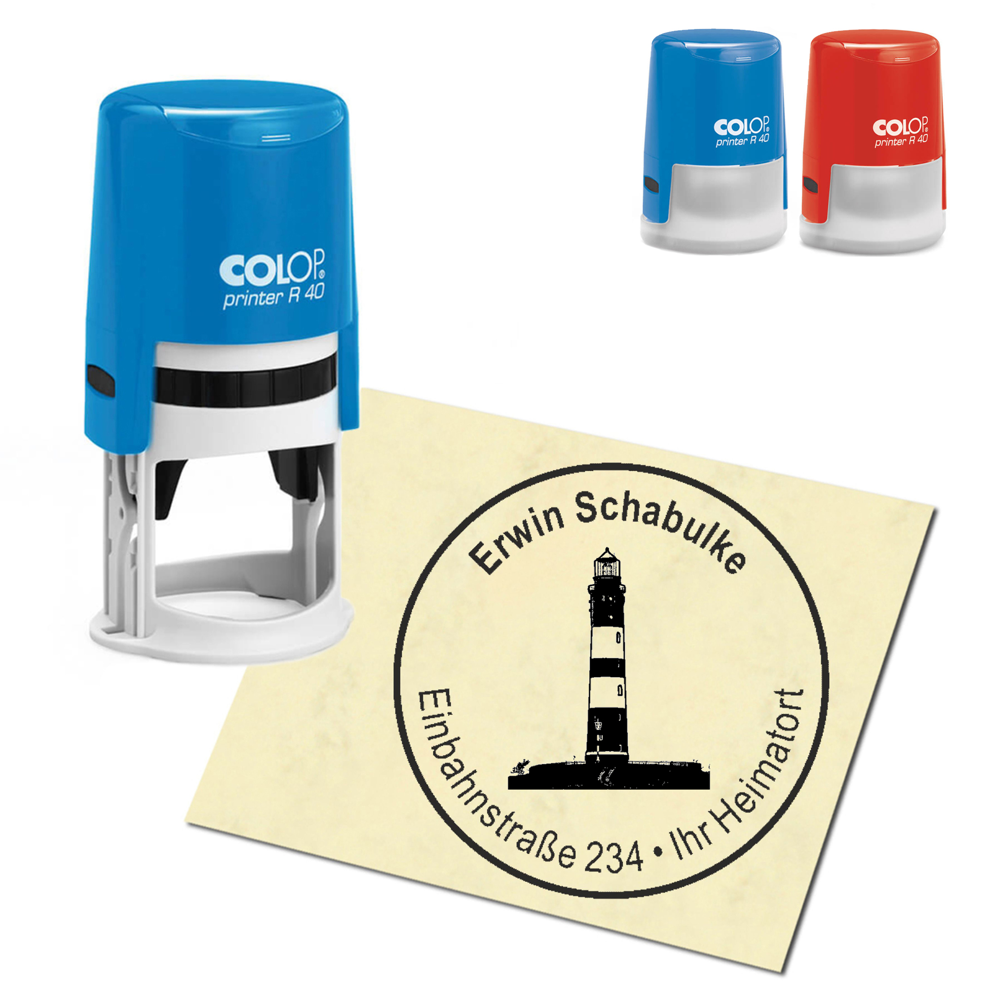 Stempel Adressstempel personalisiert - Insel Amrum Leuchtturm - rund &empty; 40mm