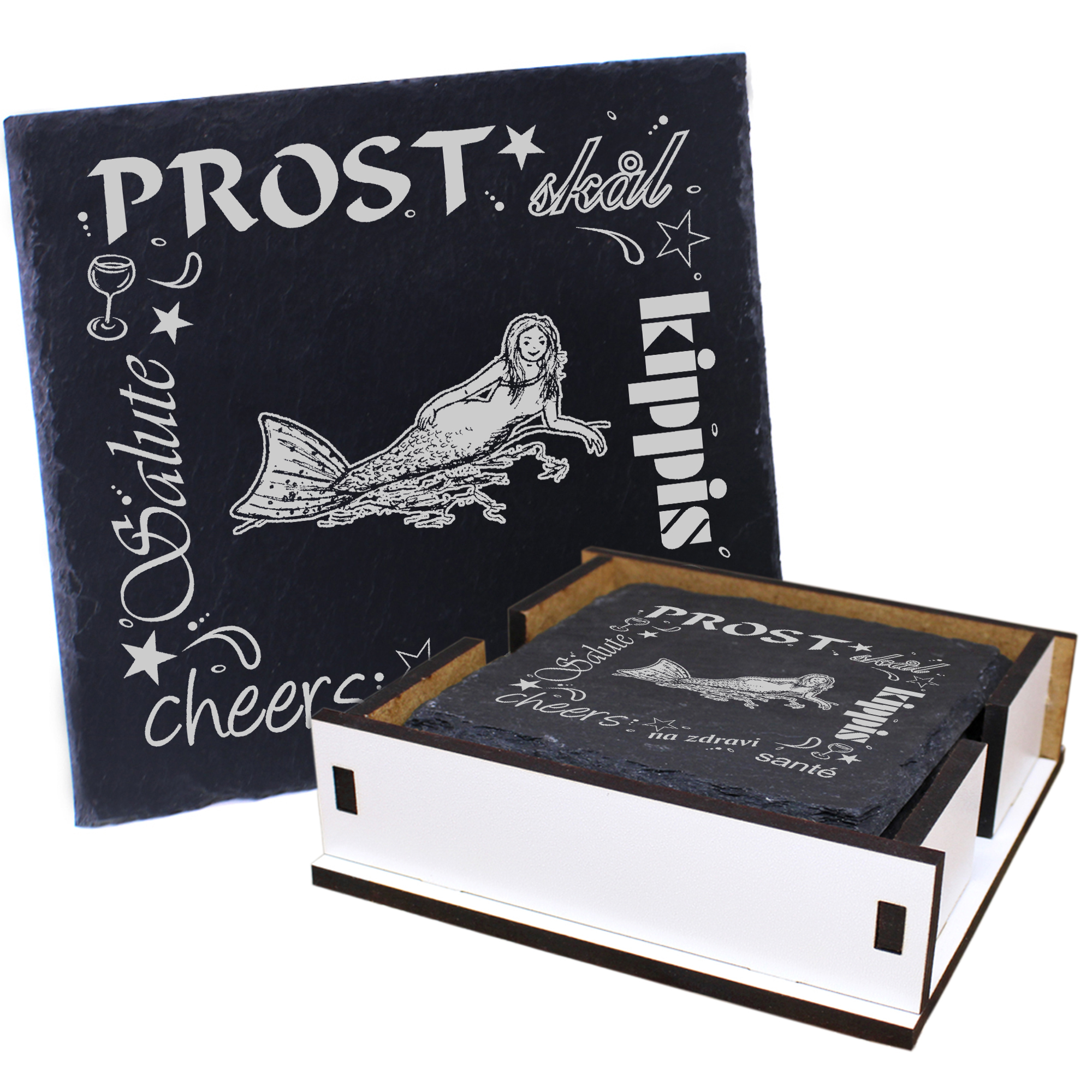 5 x Schiefer Untersetzer - Prost liegende Meerjungfrau - inkl. Holzbox & Flaschenuntersetzer