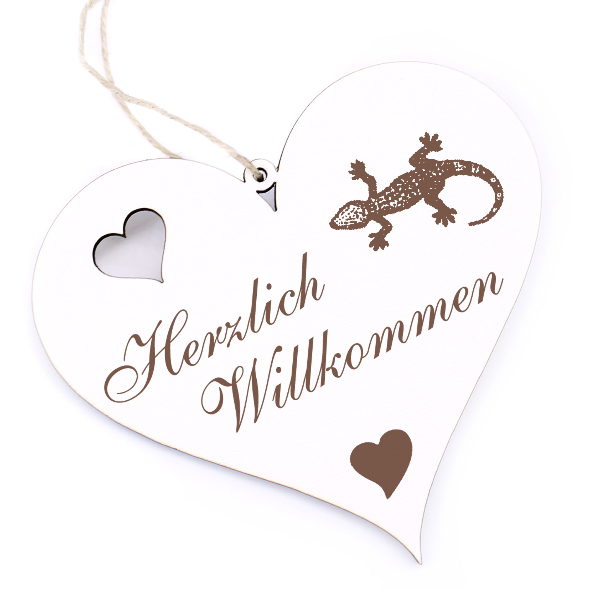 Herzlich Willkommen Schild - Gecko - Deko Herz Holz