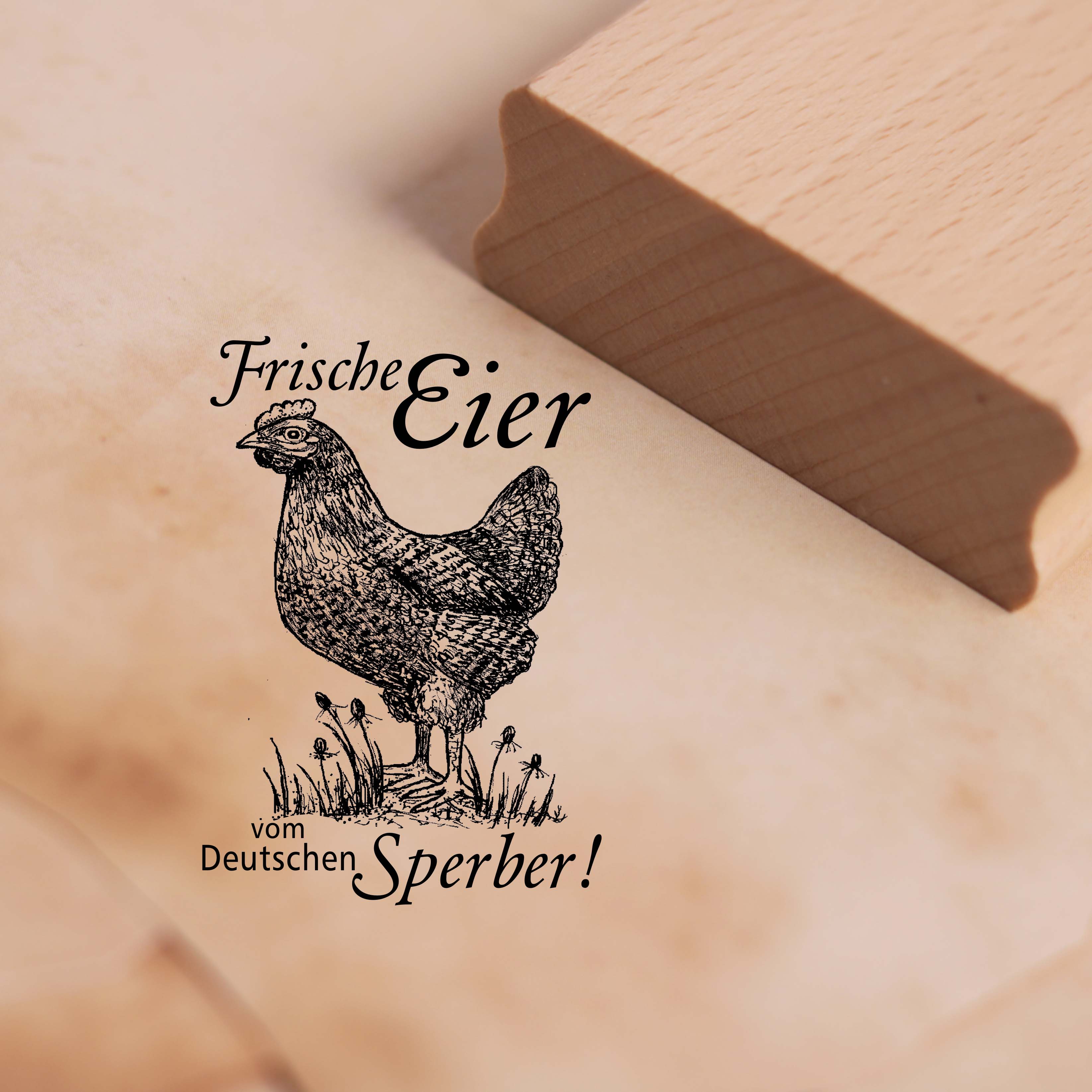 Motivstempel Frische Eier vom Deutschen Sperber - Stempel Huhn Holzstempel 48 x 68 mm