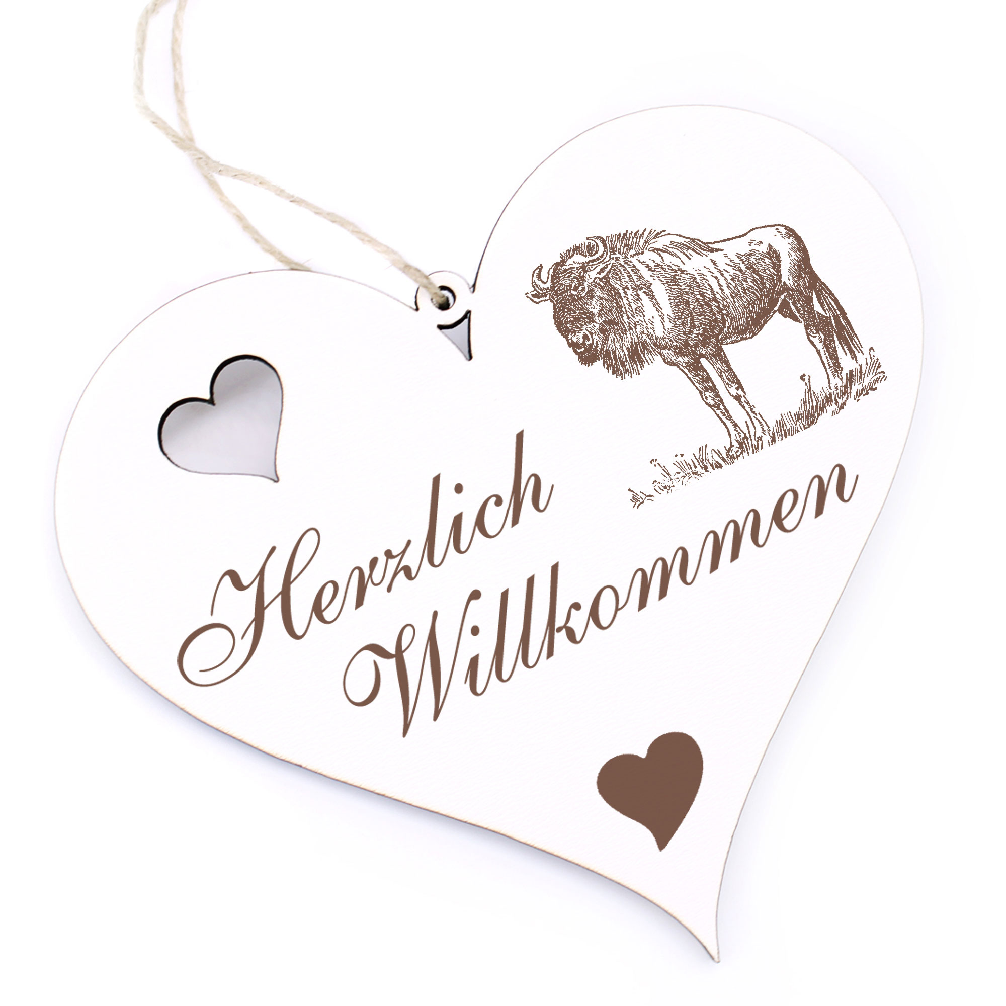Herzlich Willkommen Schild - Gnu - Deko Herz Holz