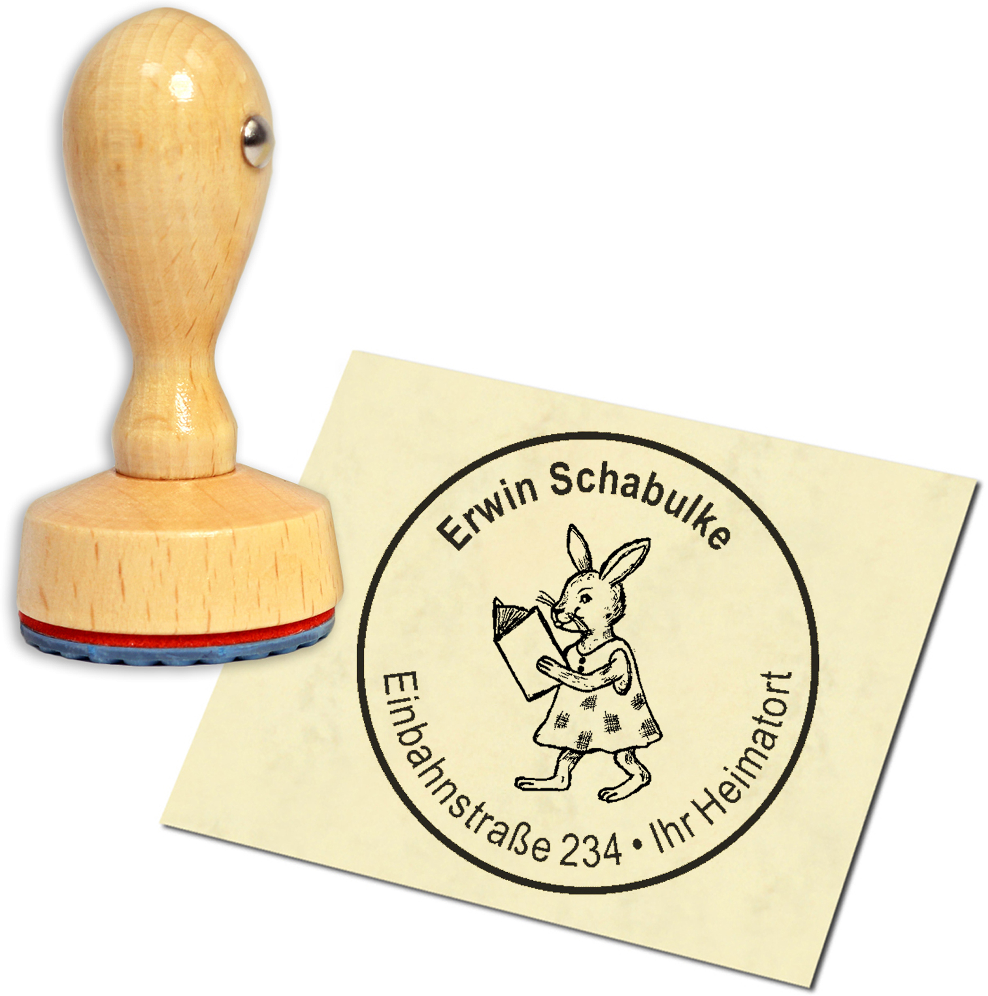 Stempel Adressstempel Holzstempel - Hase mit Buch - rund 40mm