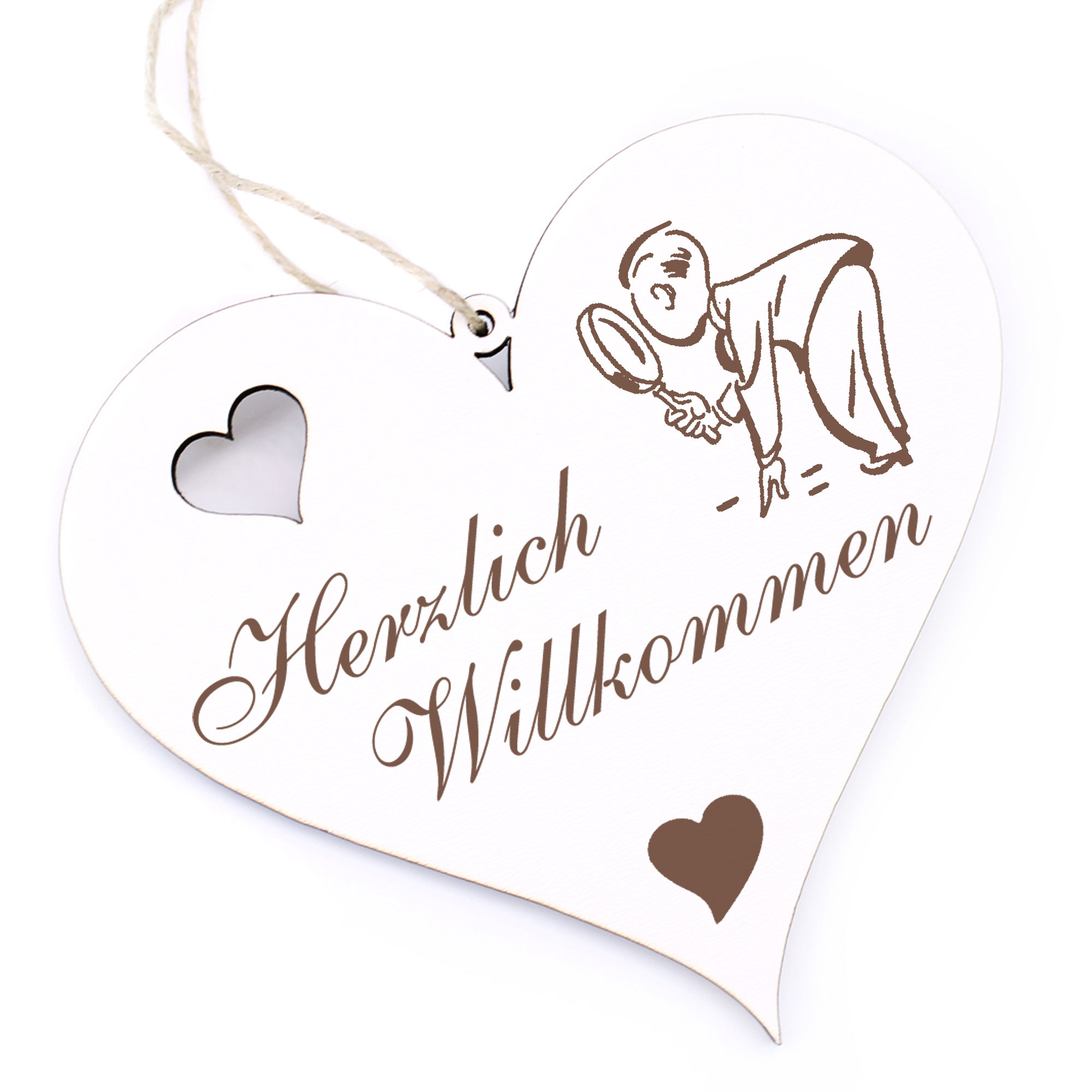 Herzlich Willkommen Schild - Detektiv - Deko Herz Holz