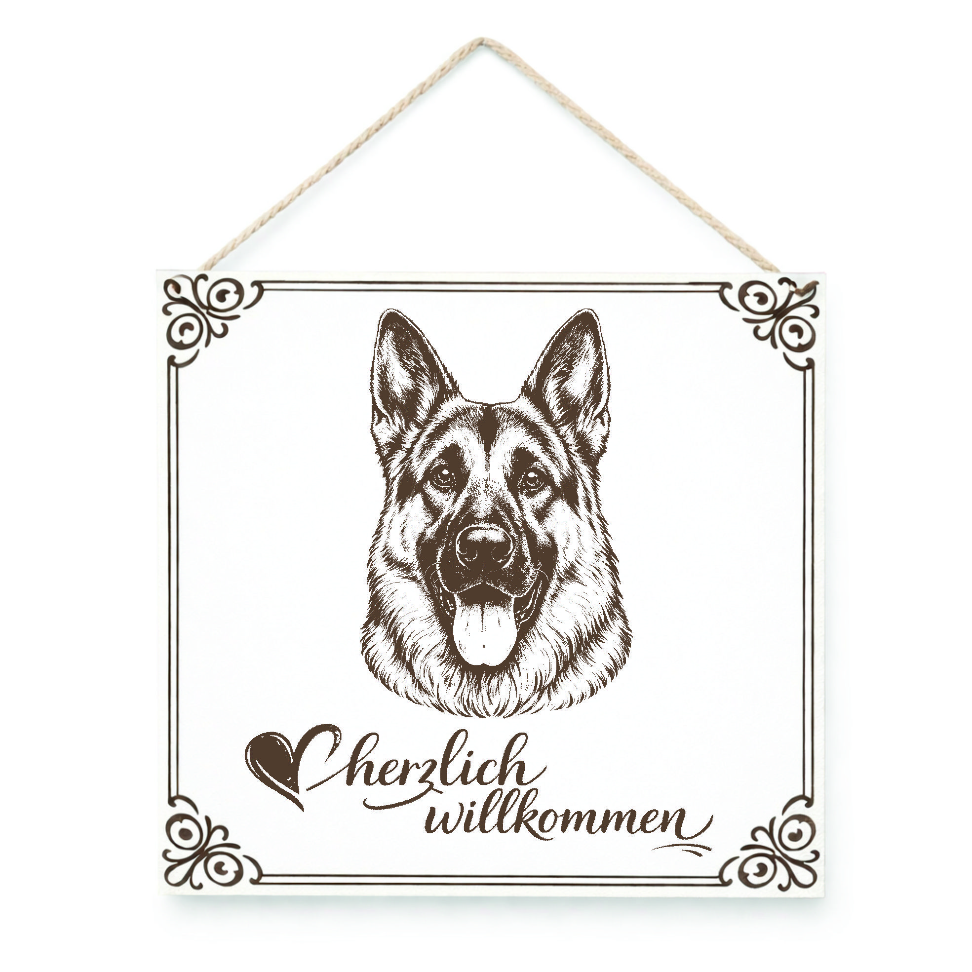 Hund Willkommensschild Deutscher Schäferhund – Türschild Herzlich Willkommen  – Dekoschild Haustür 15×15 cm